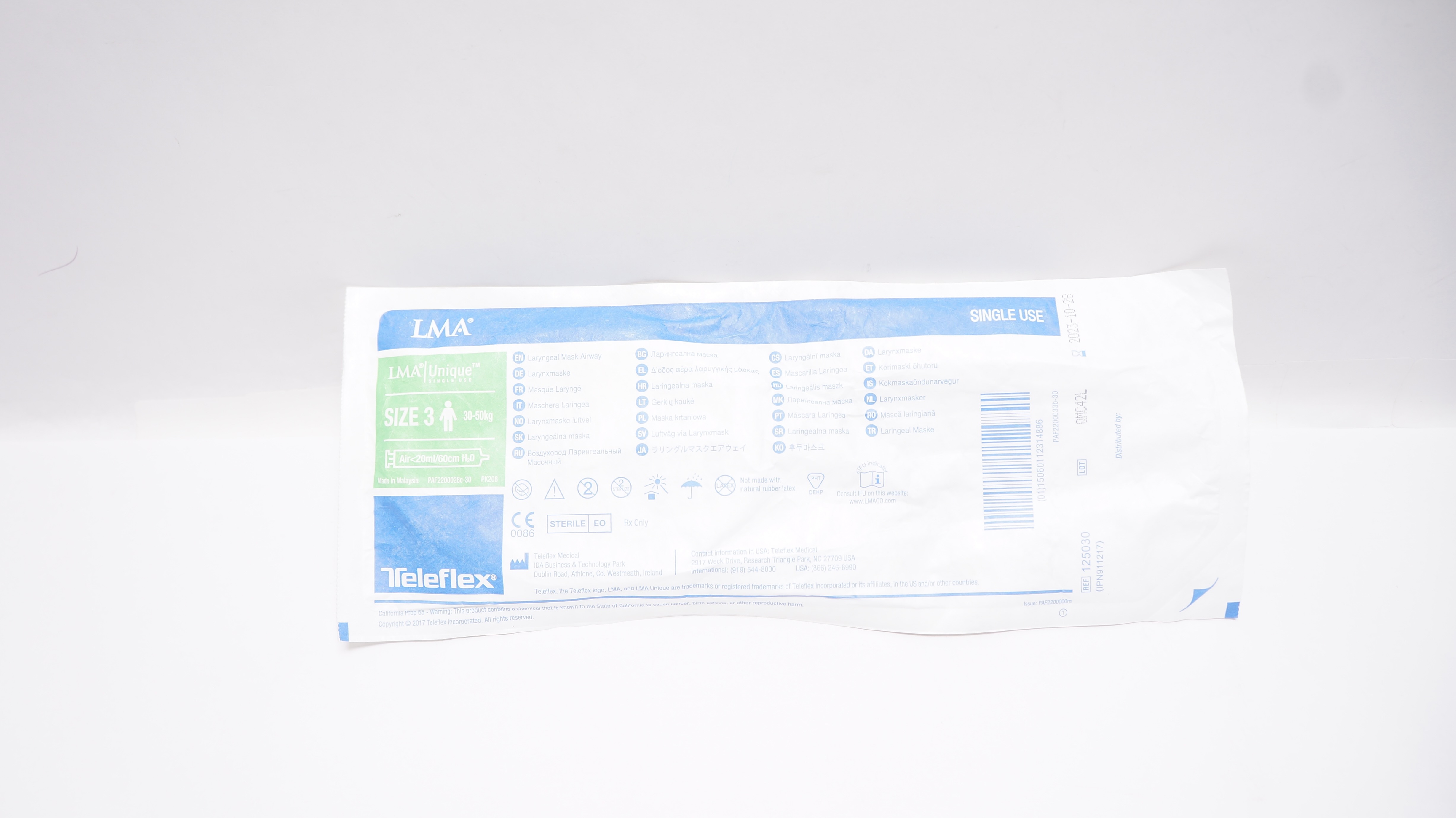 Teleflex 125030 LMA Unique Laryngeal Mask Airway Size3 30-50kg <20ml/60cm H2O(x)