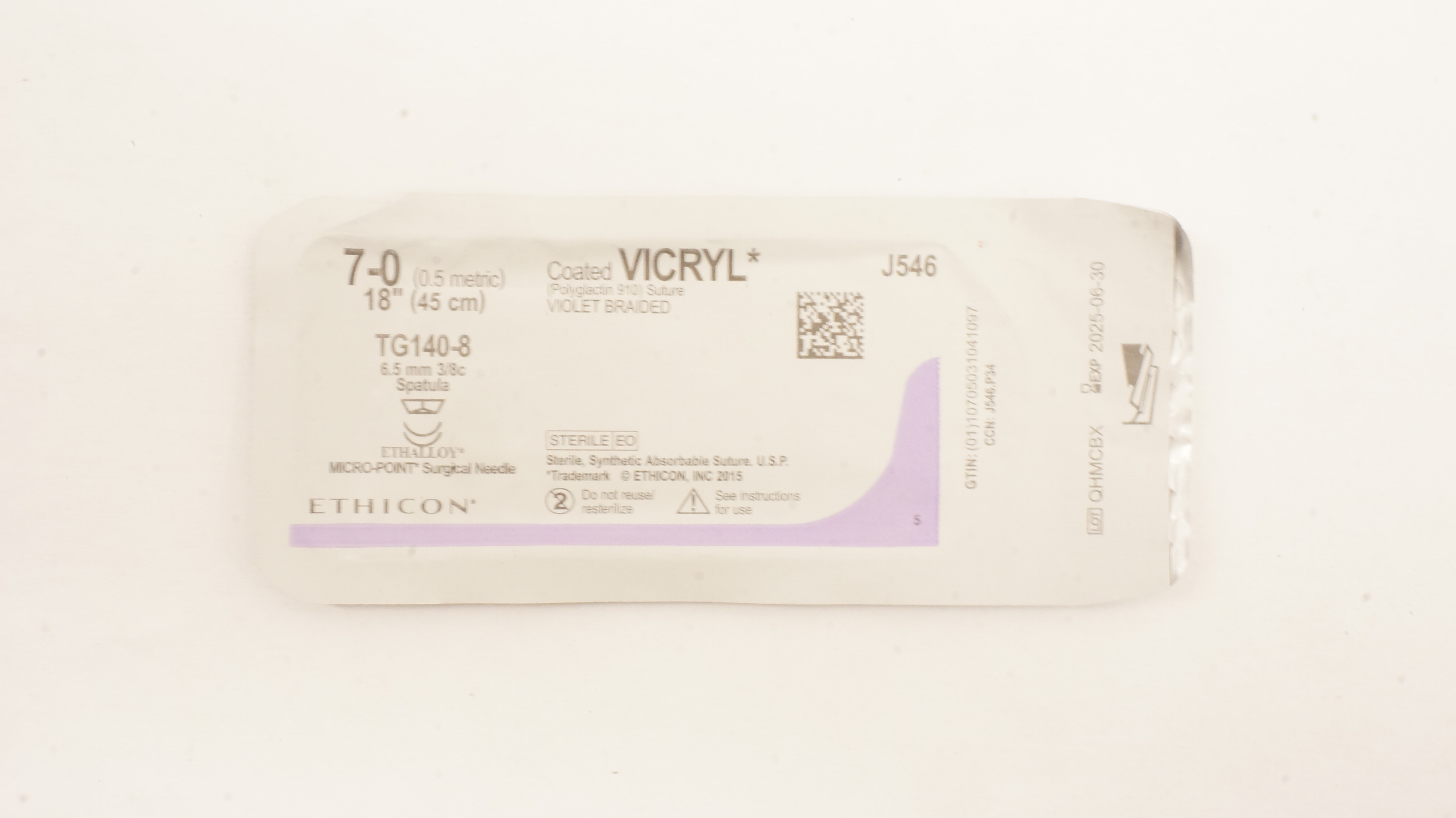 Ethicon J546 7-0 Coated VICRYL Stre TG140-8 6.5mm 3/8c Spatula 18inch