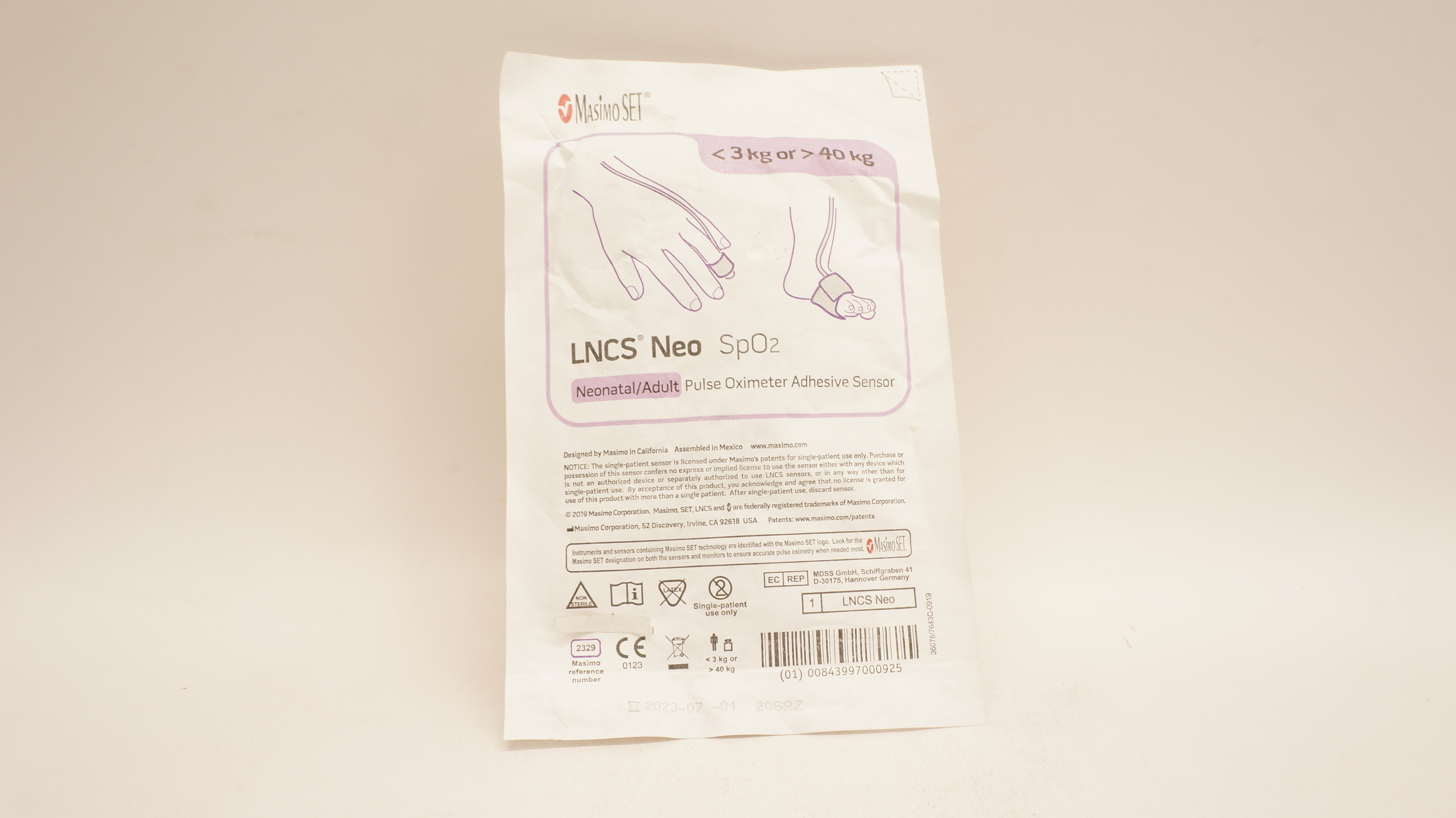 Masimo 2329 LNCS NEO Neonatal/Adult Pulse Oximeter Adhesive Sensor <3kg or >40kg