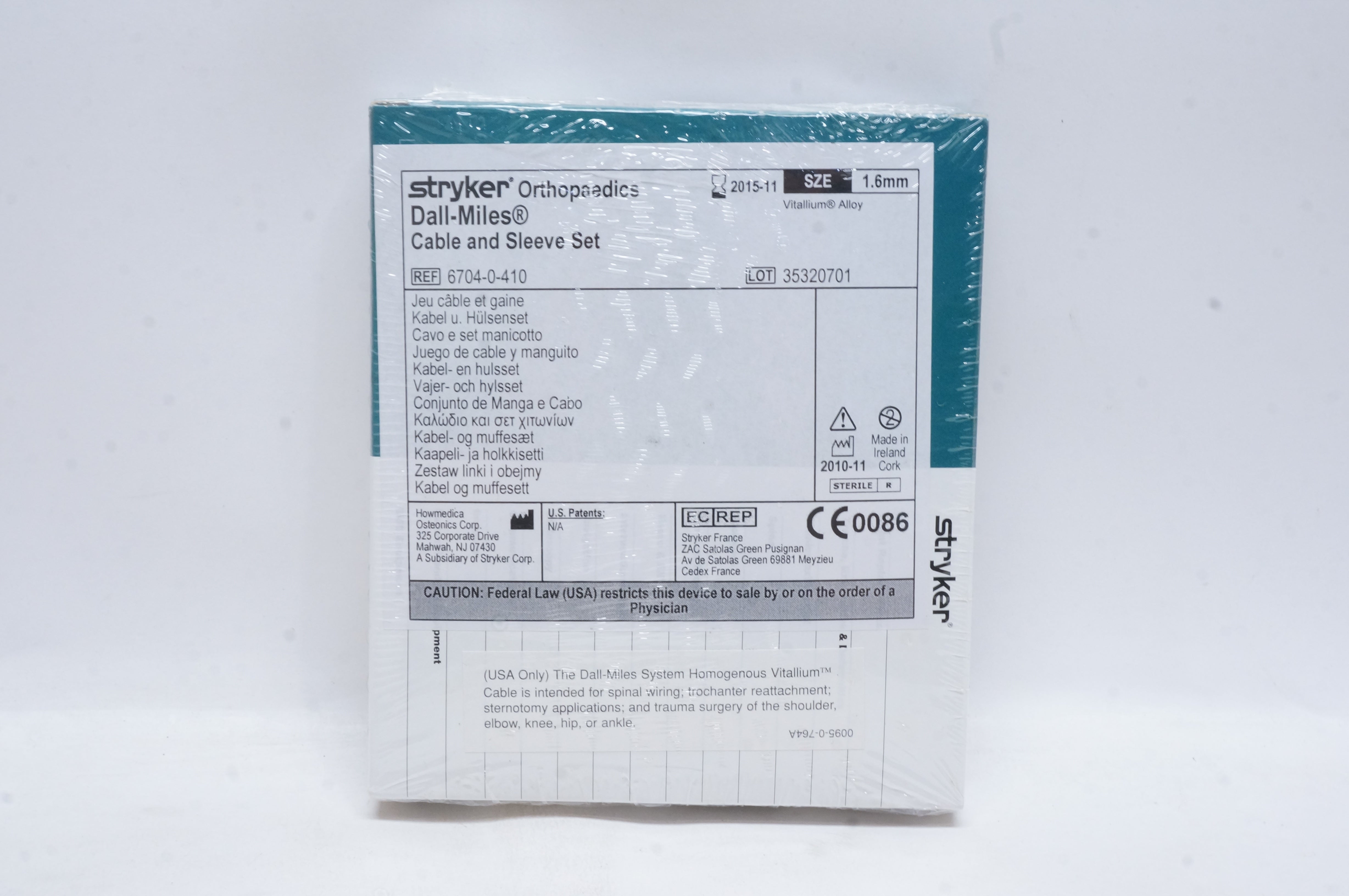 Stryker 67040410 Orthopaedics DallMiles Cable and Sleeve Set 1.6mm (x)