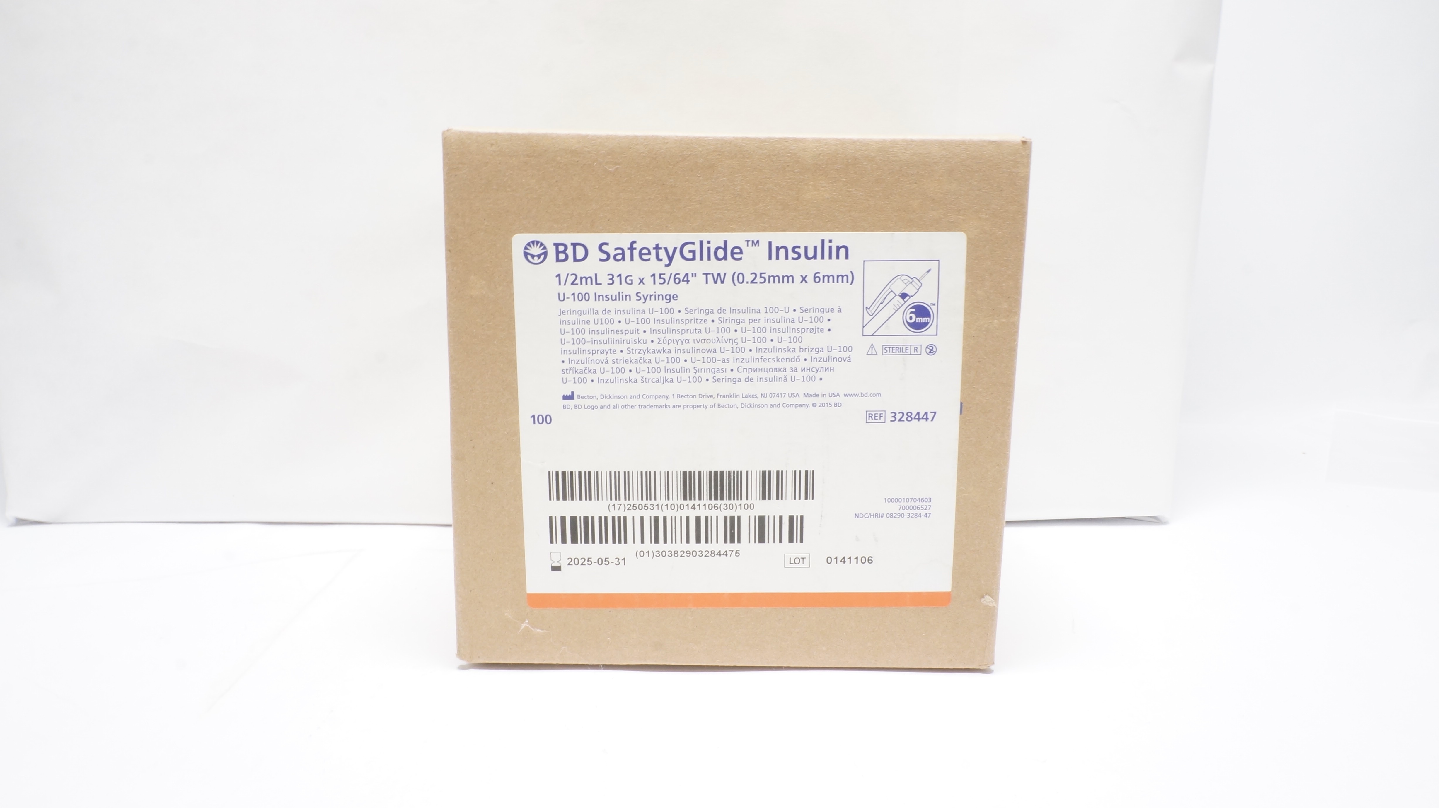 BD 328447 SafetyGlide Insulin Syringe 1/2mL, 31G x 15/64inch TW (x) - Box of 100