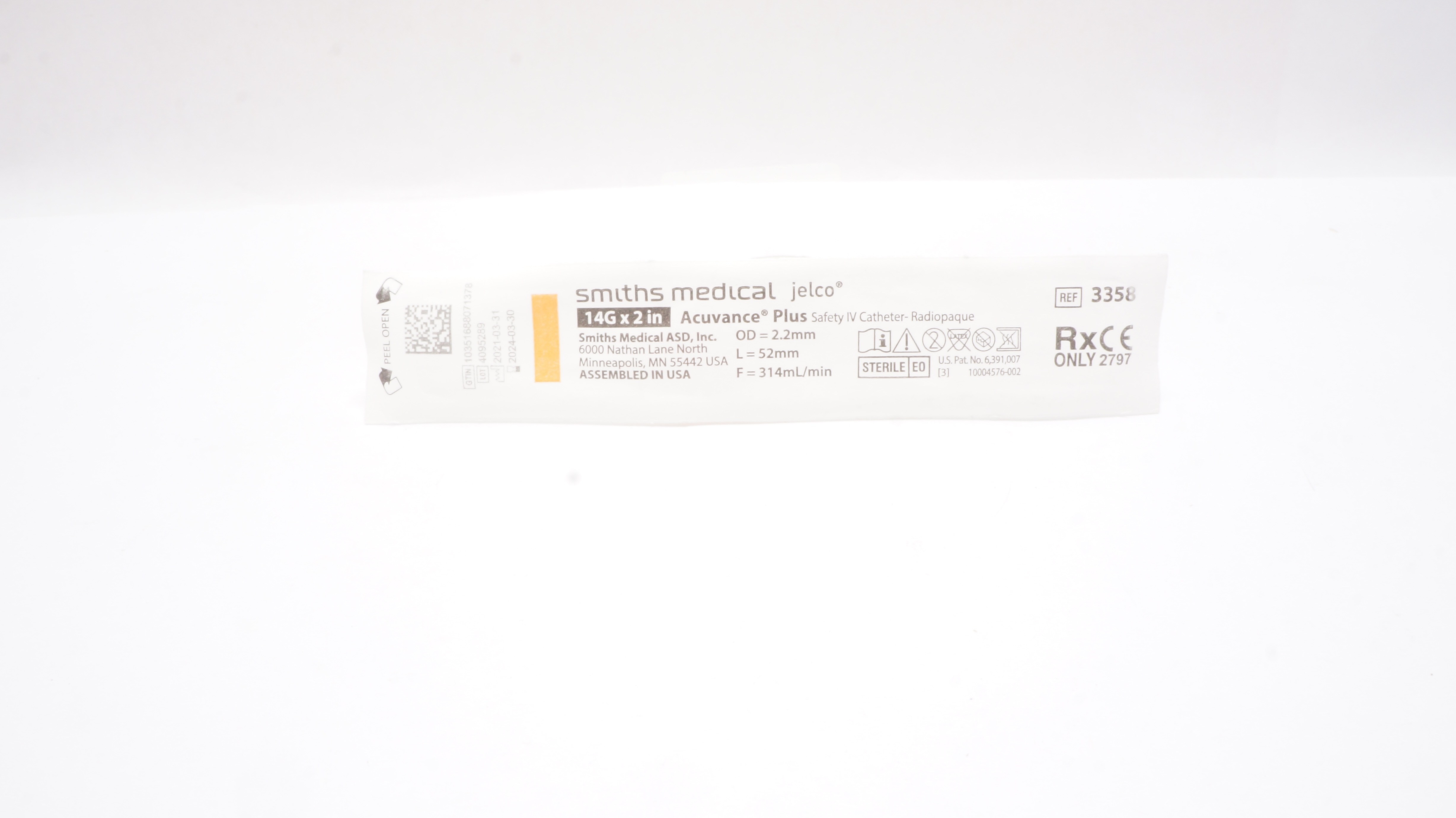 Smiths Medical 3358 Jelco Acuvance Plus Safety IV Cath-Radiopaque 14G x 2inch