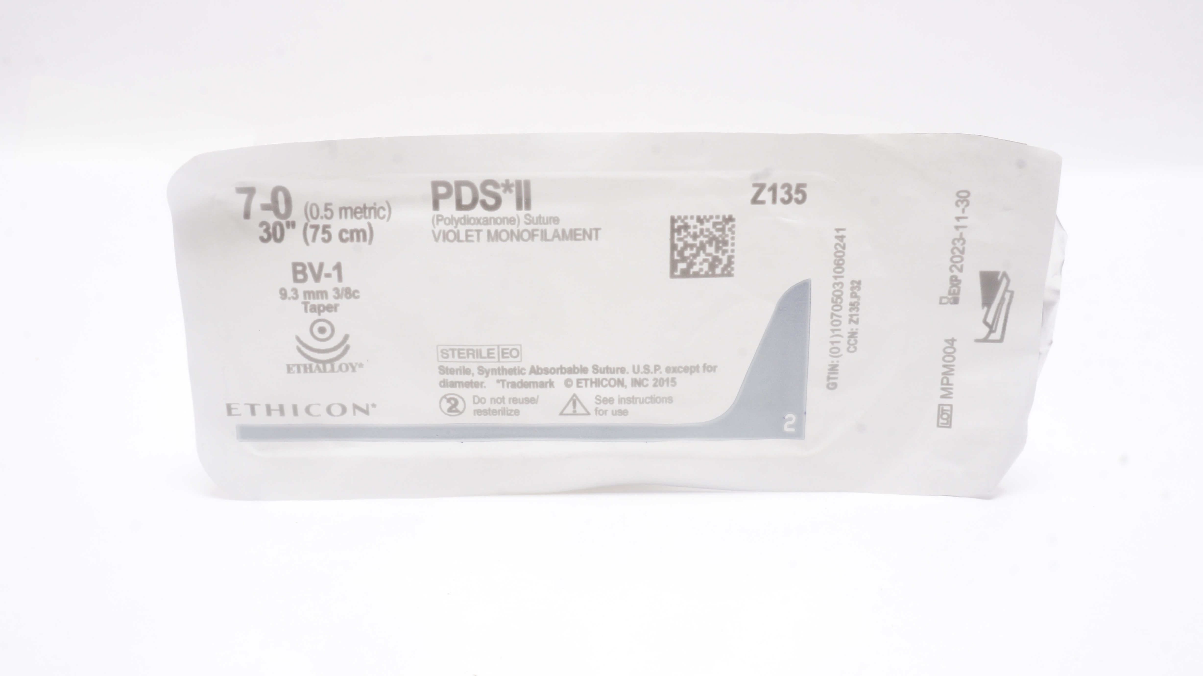Ethicon Z135 7-0 PDS II Polydioxanone Stre BV-1, 9.3mm 3/8c Taper, 30inch