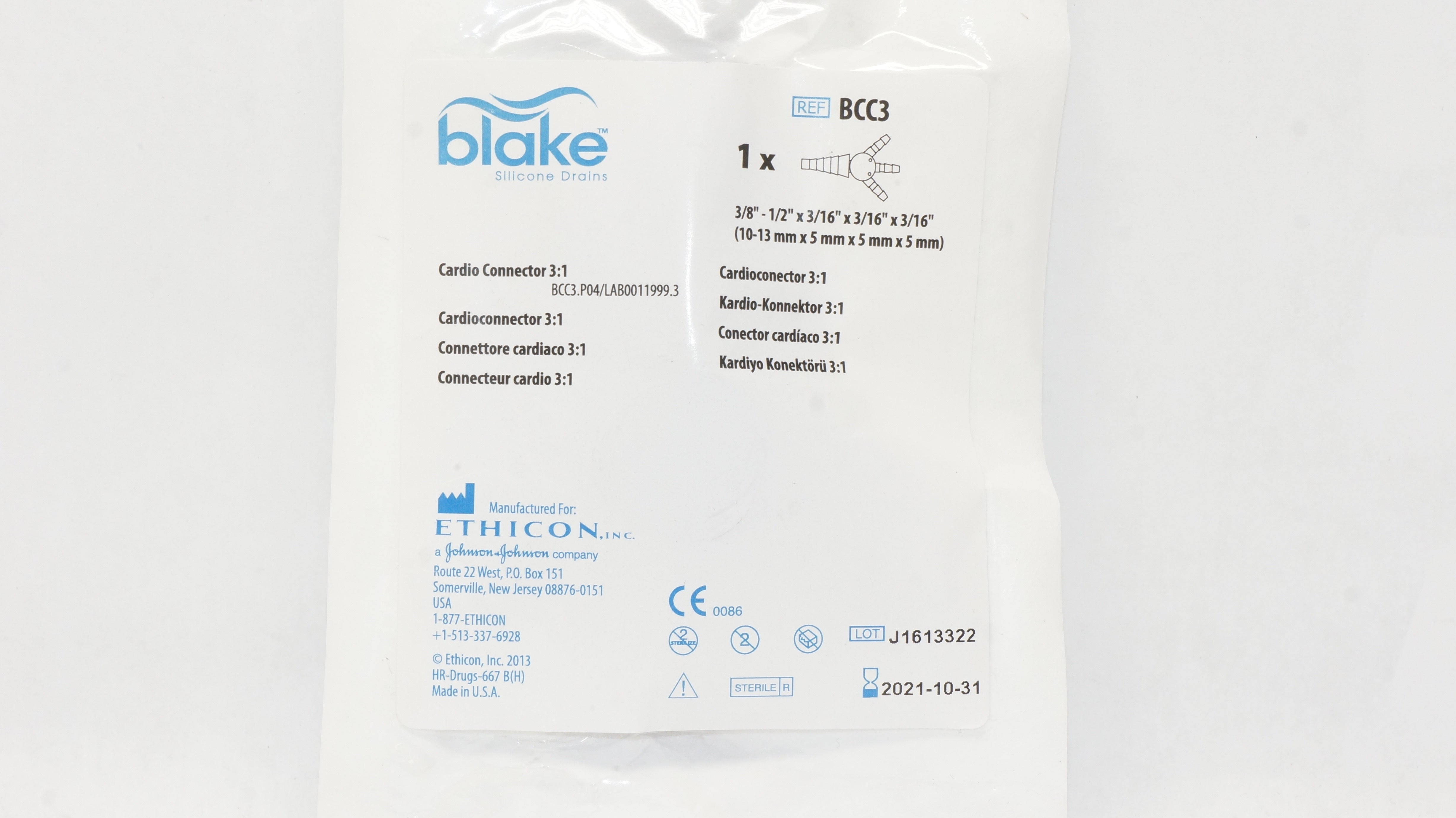 Ethicon BCC3 Blake Cardio Connector 3:1, 3/8 - 1/2 x 3/16 x 3/