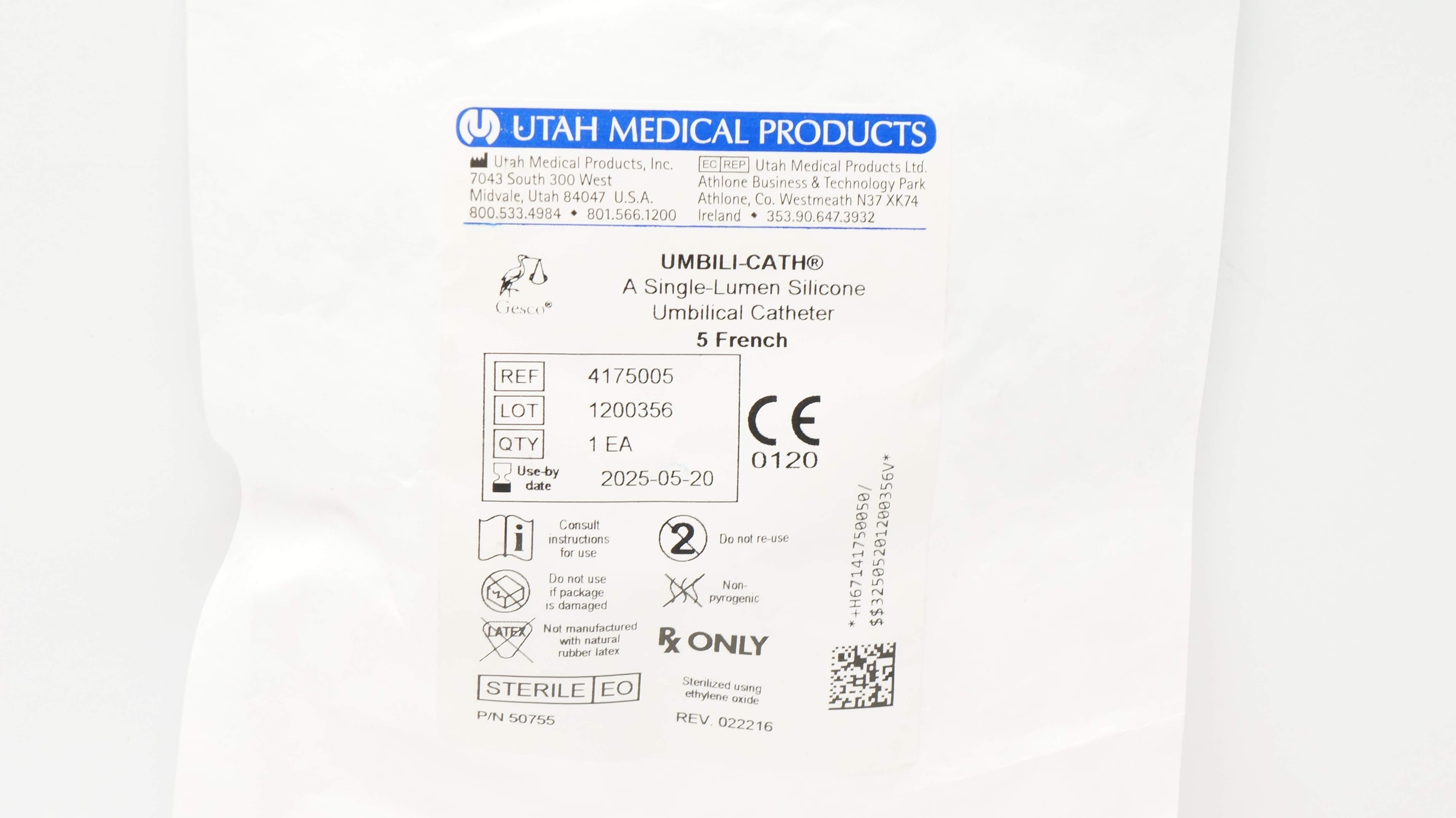 Utah Medical 4175005 Umbili-Cath A-Single-Lumen Silicone Umbilical Cath. 5Fr