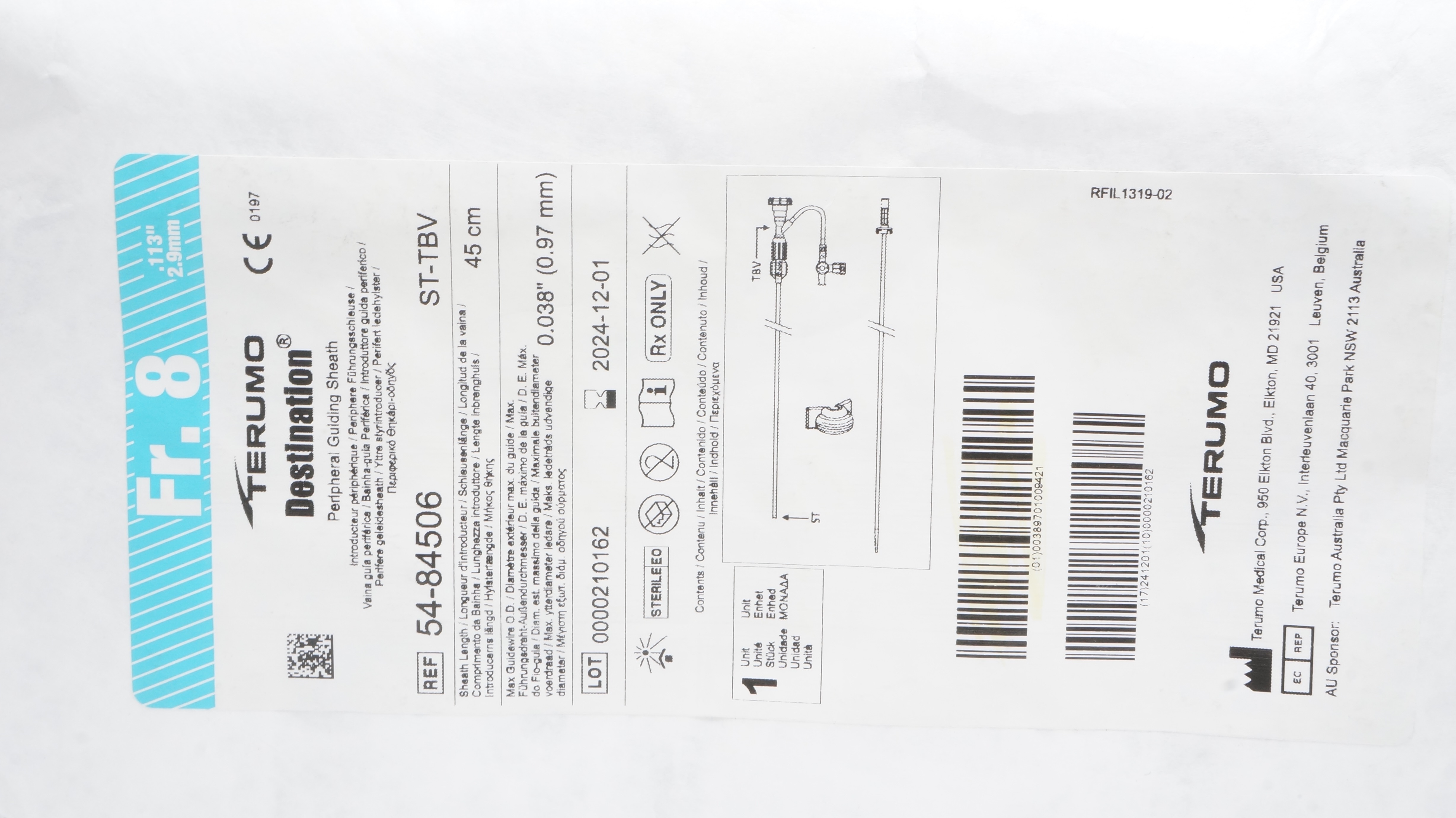 Terumo 54-84506 Destination Peripheral Guiding Sheath 8Fr x 45cm x 0.038inch (x)