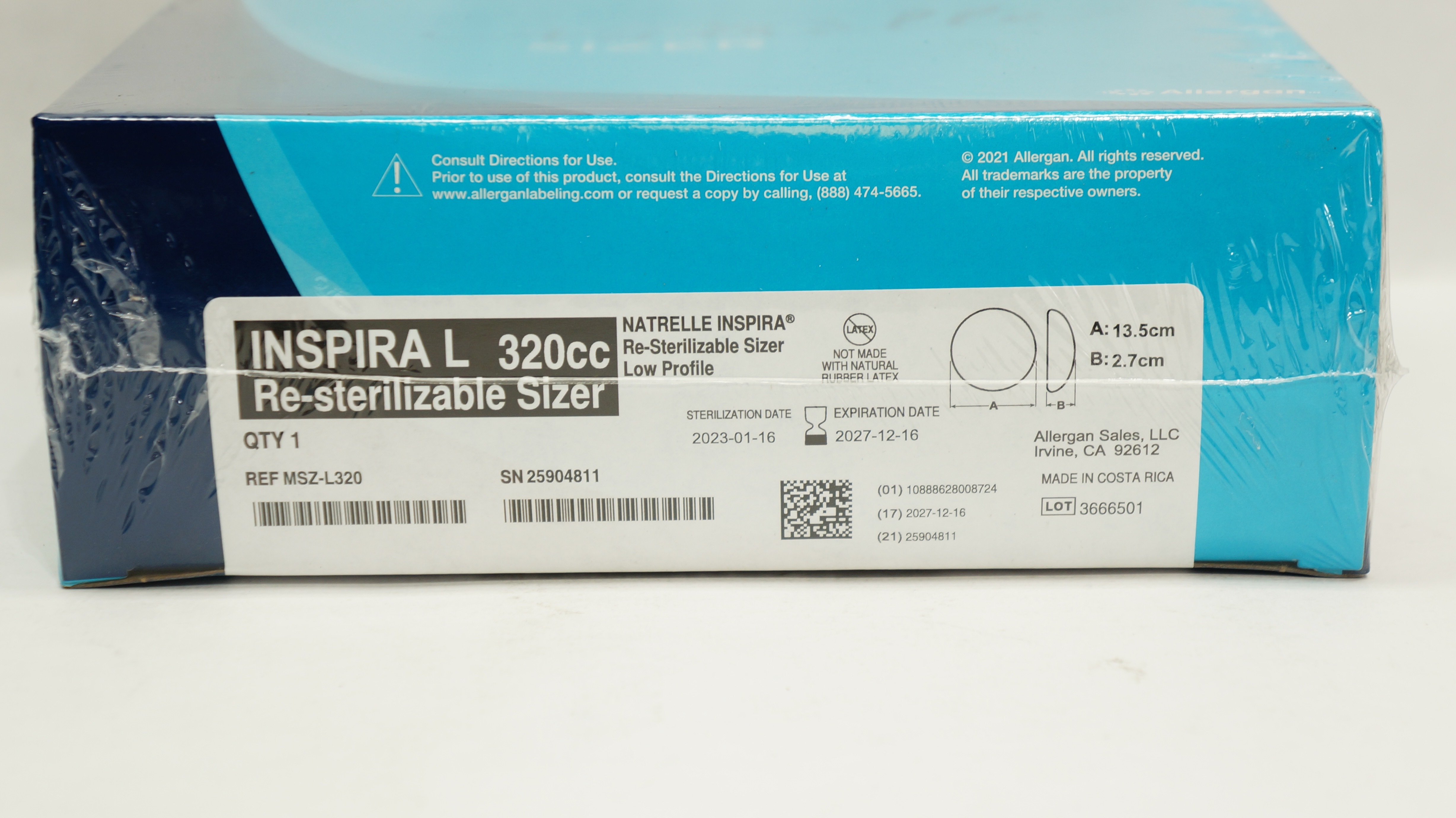 Allergan MSZL320 Natrelle Inspira ReSterilizable Sizer 13.5cm x 2.7cm