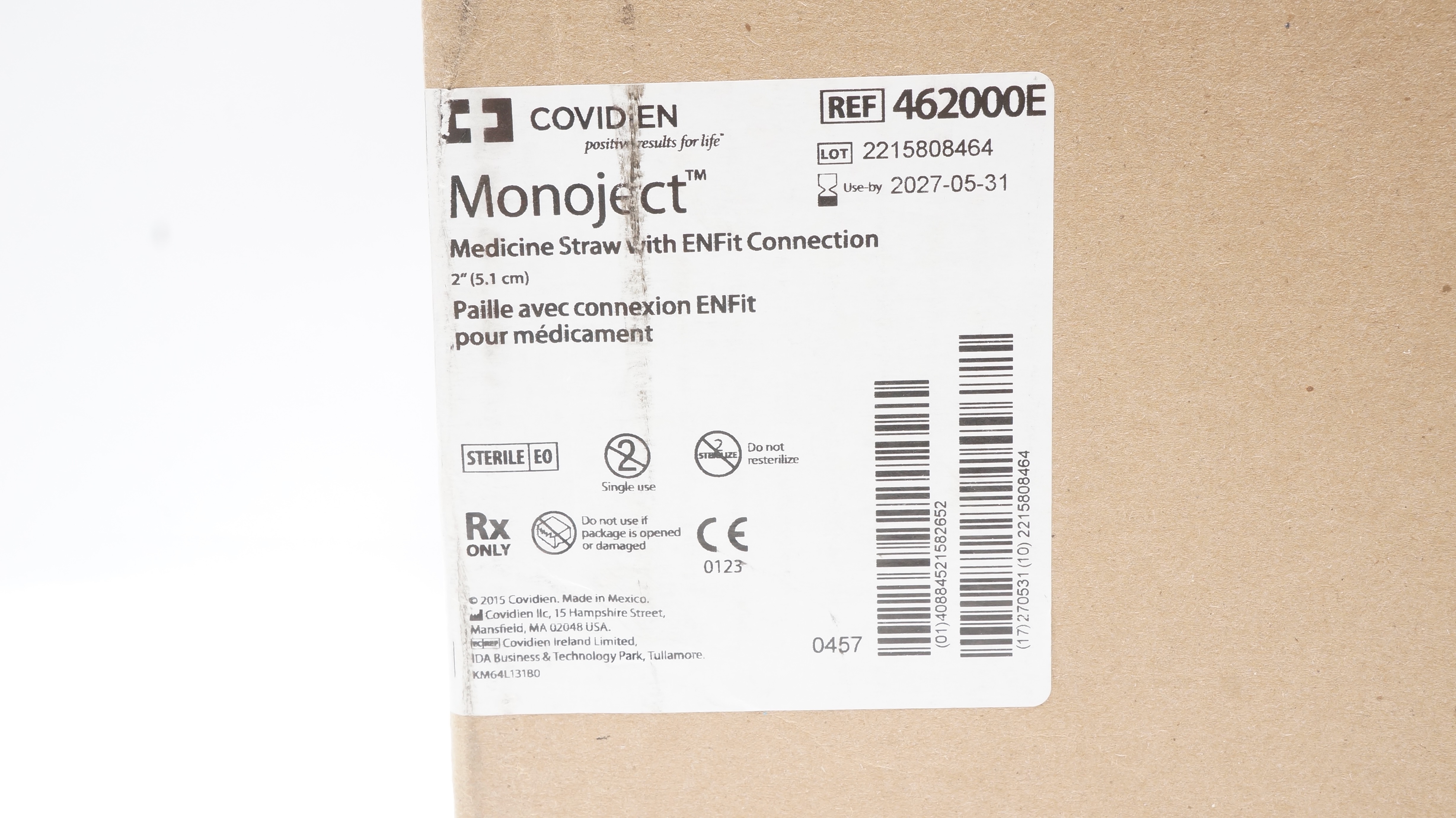 Covidien 462000E Monoject Medicine Straw w/ ENFit Connection 2inch - Box of 74