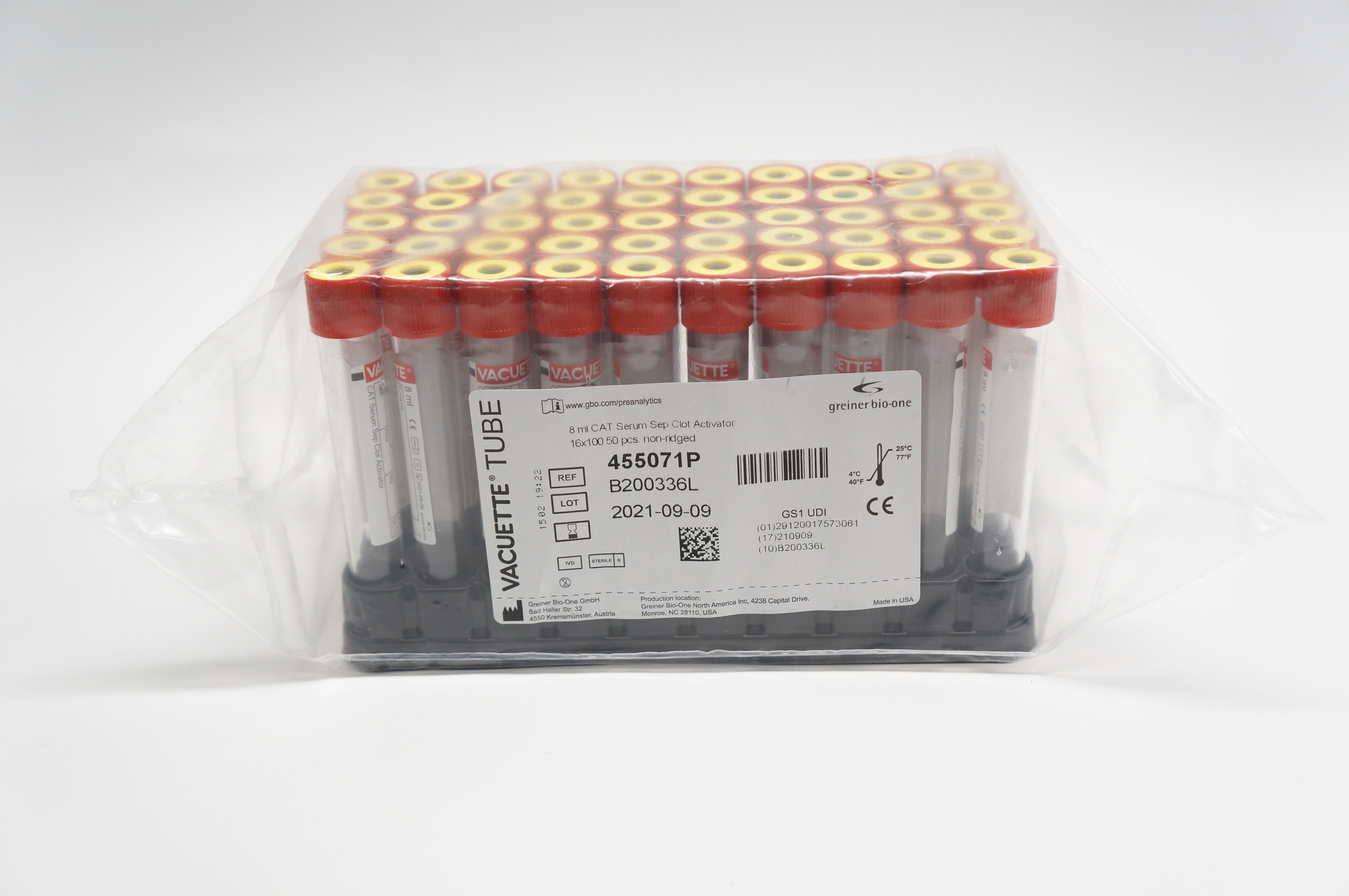 BD 455071P Vacuette Tube 8ml Cat Serum Sep Clot 16 x 100 Pack of 50