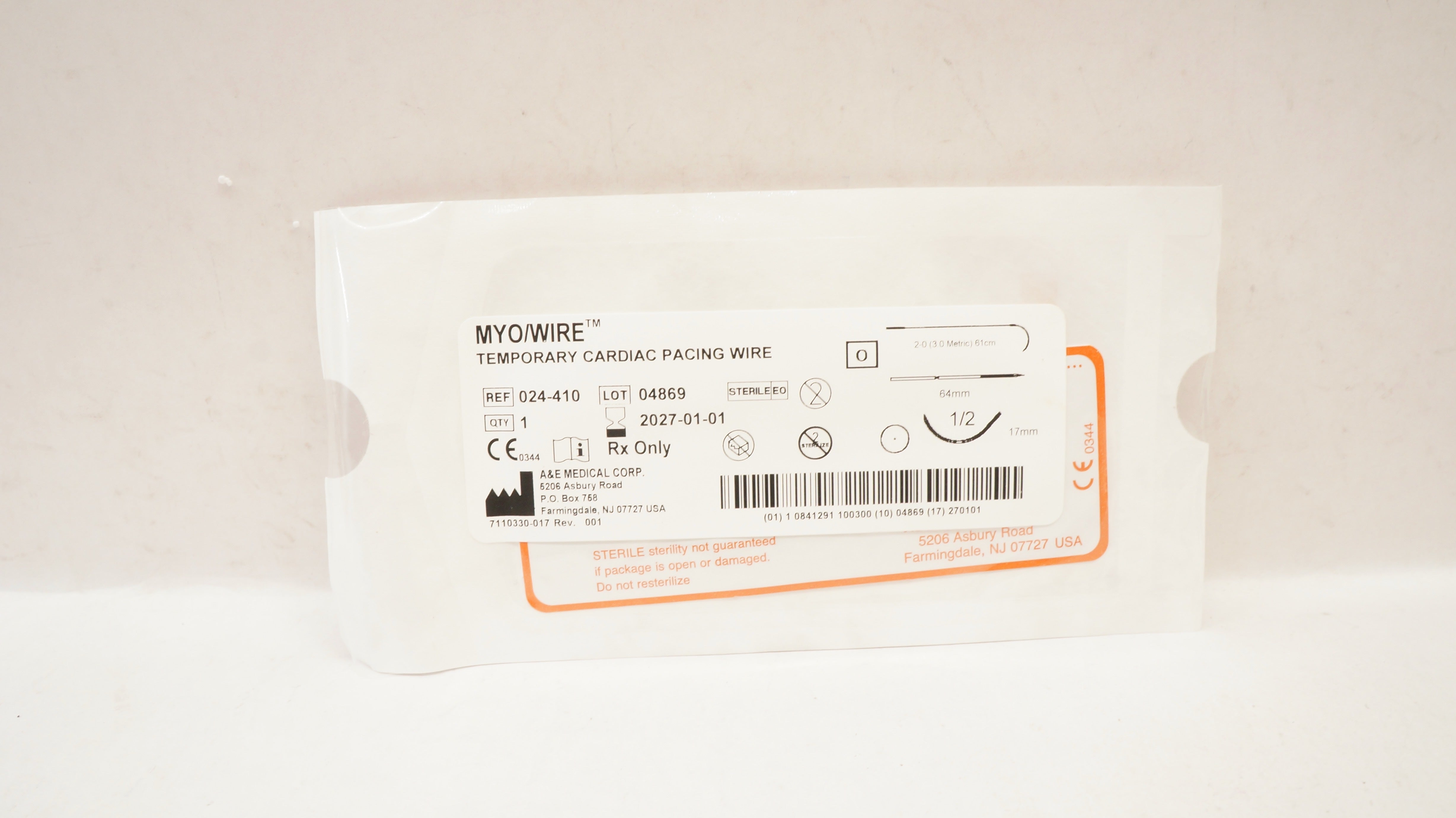 A&E Medical 024-410 2-0 MYO/Wire Temporary Cardiac Pacing Wire 64mm x 1 ...