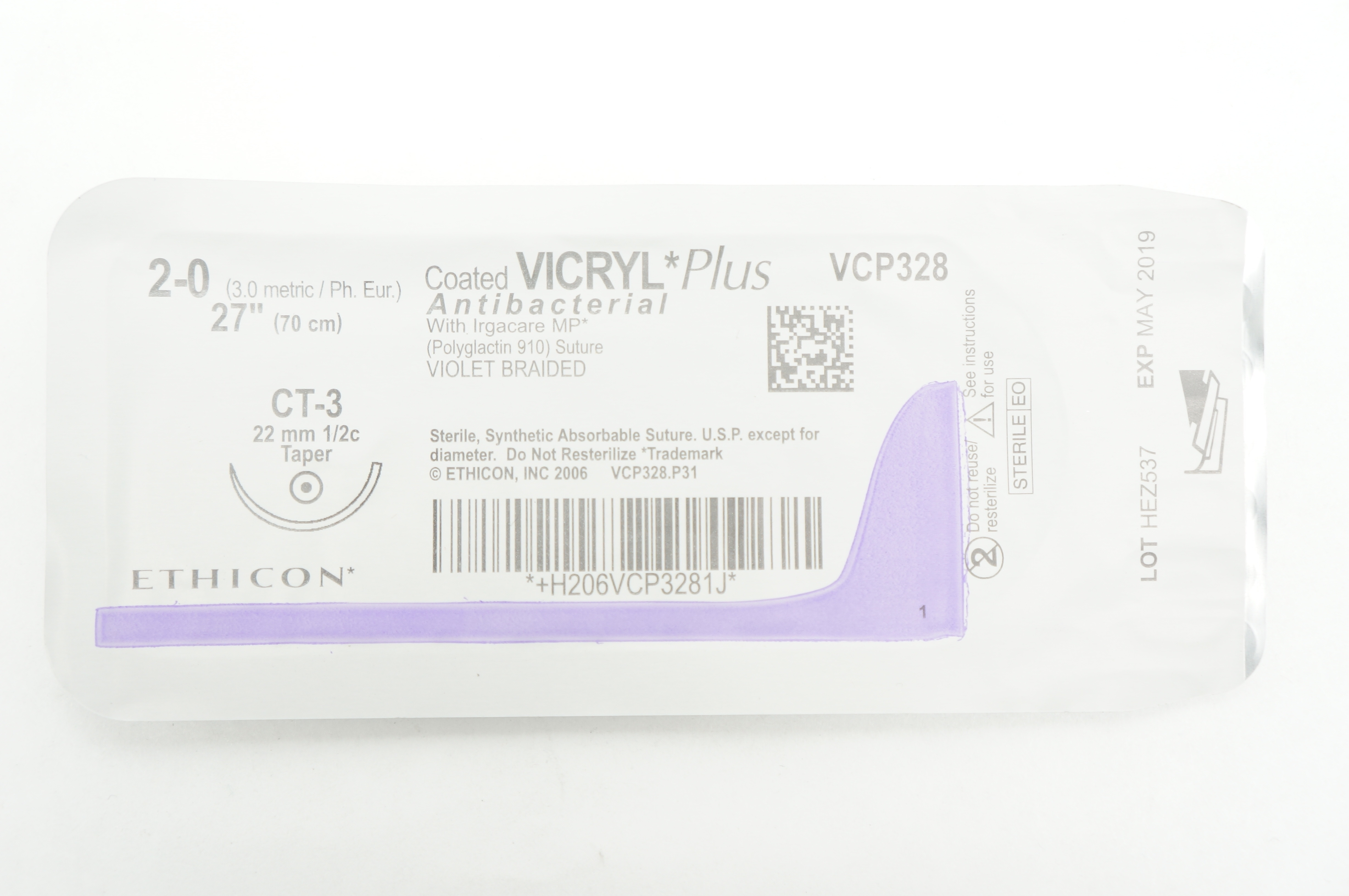Ethicon VCP328 2-0 VICRYL Plus CT-3 22mm 1/2c Taper 27 inch (x)