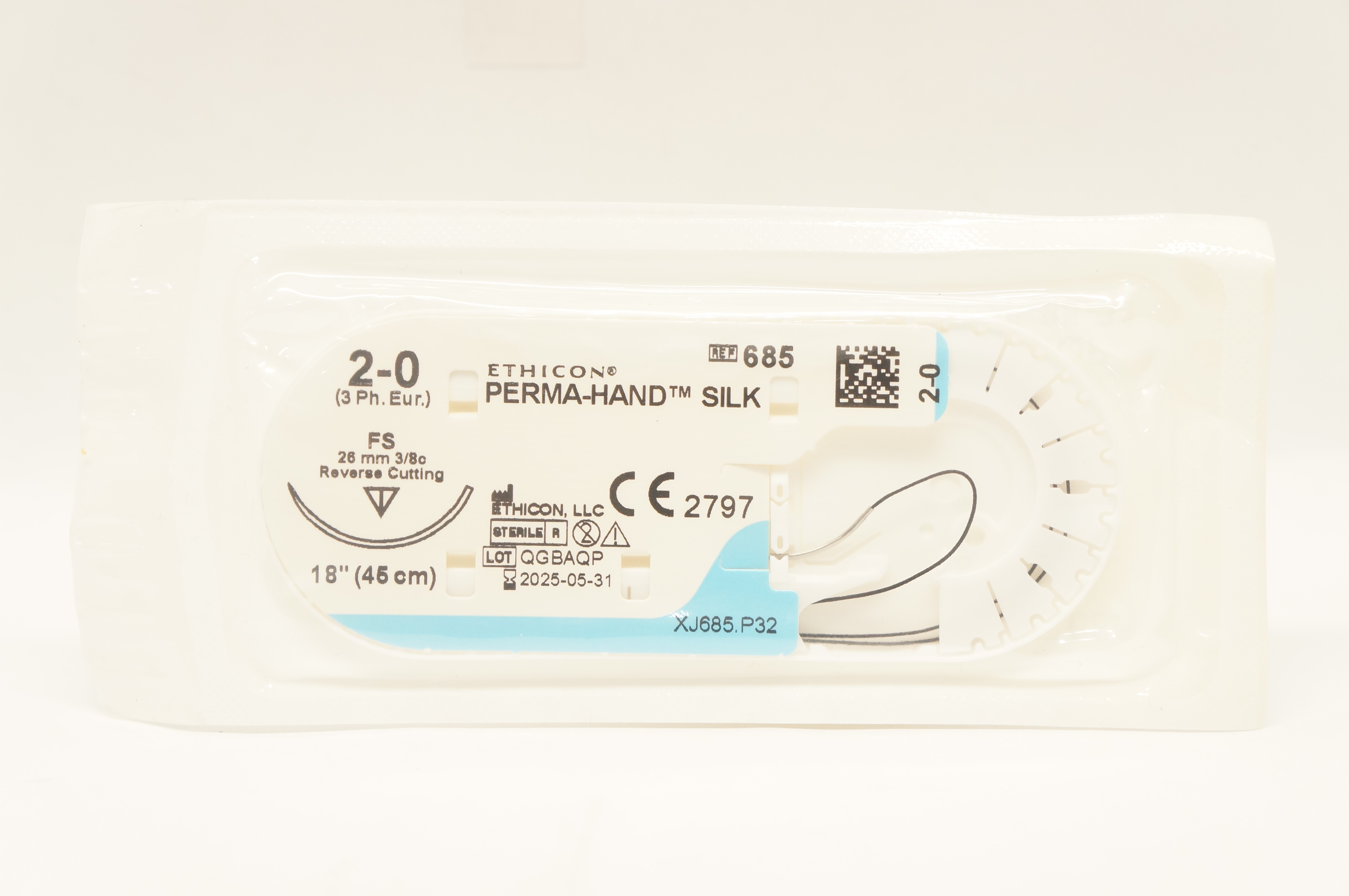 Ethicon 685 2-0 Perma-Hand Silk Stre FS 26mm 3/8c Reverse Cutting, 18inch