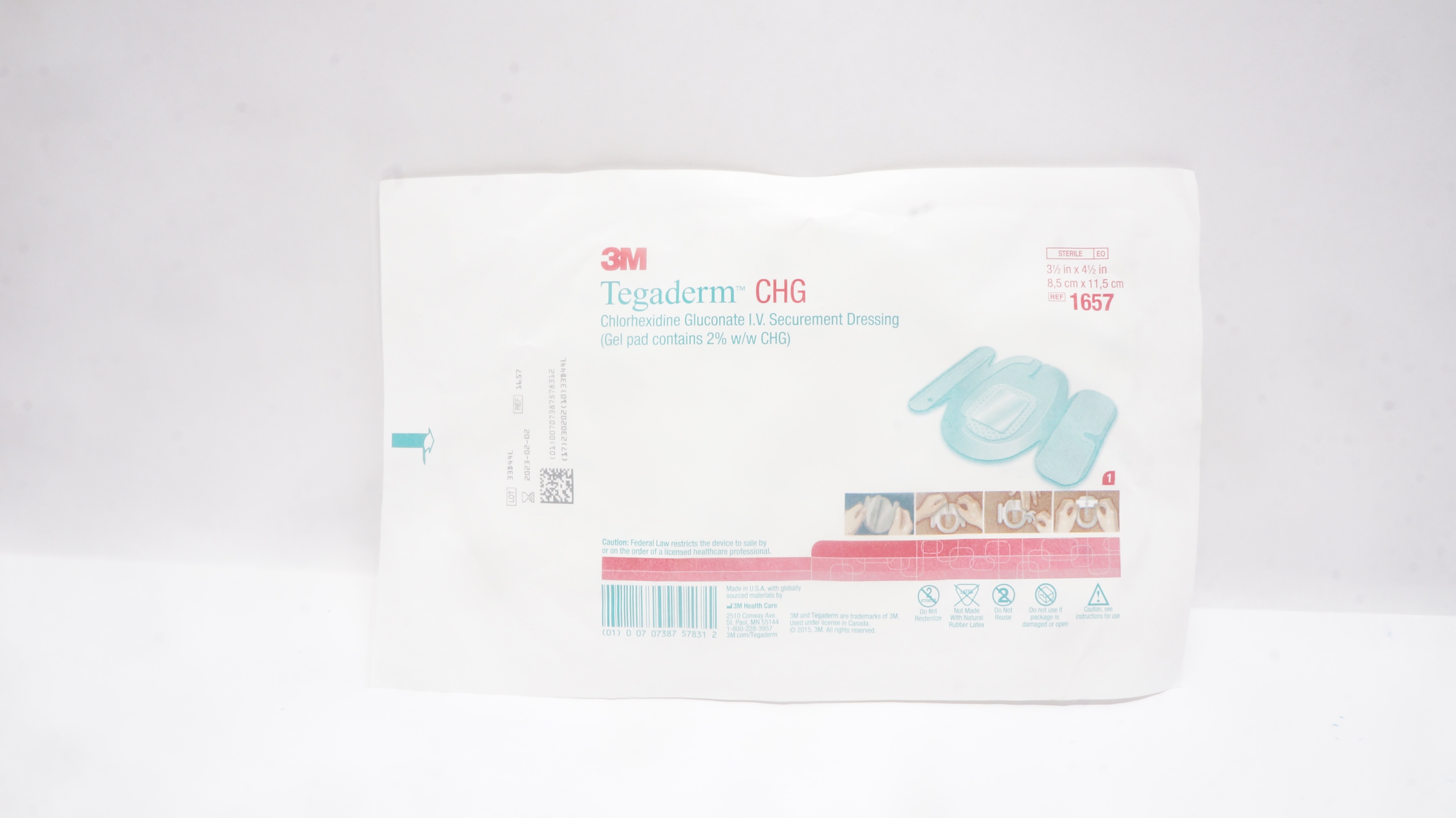 3M 1657 CHG Chlorhexidine Gluconate I.V. Securement Dressing 3-1/2 x4-1/2inch(x)