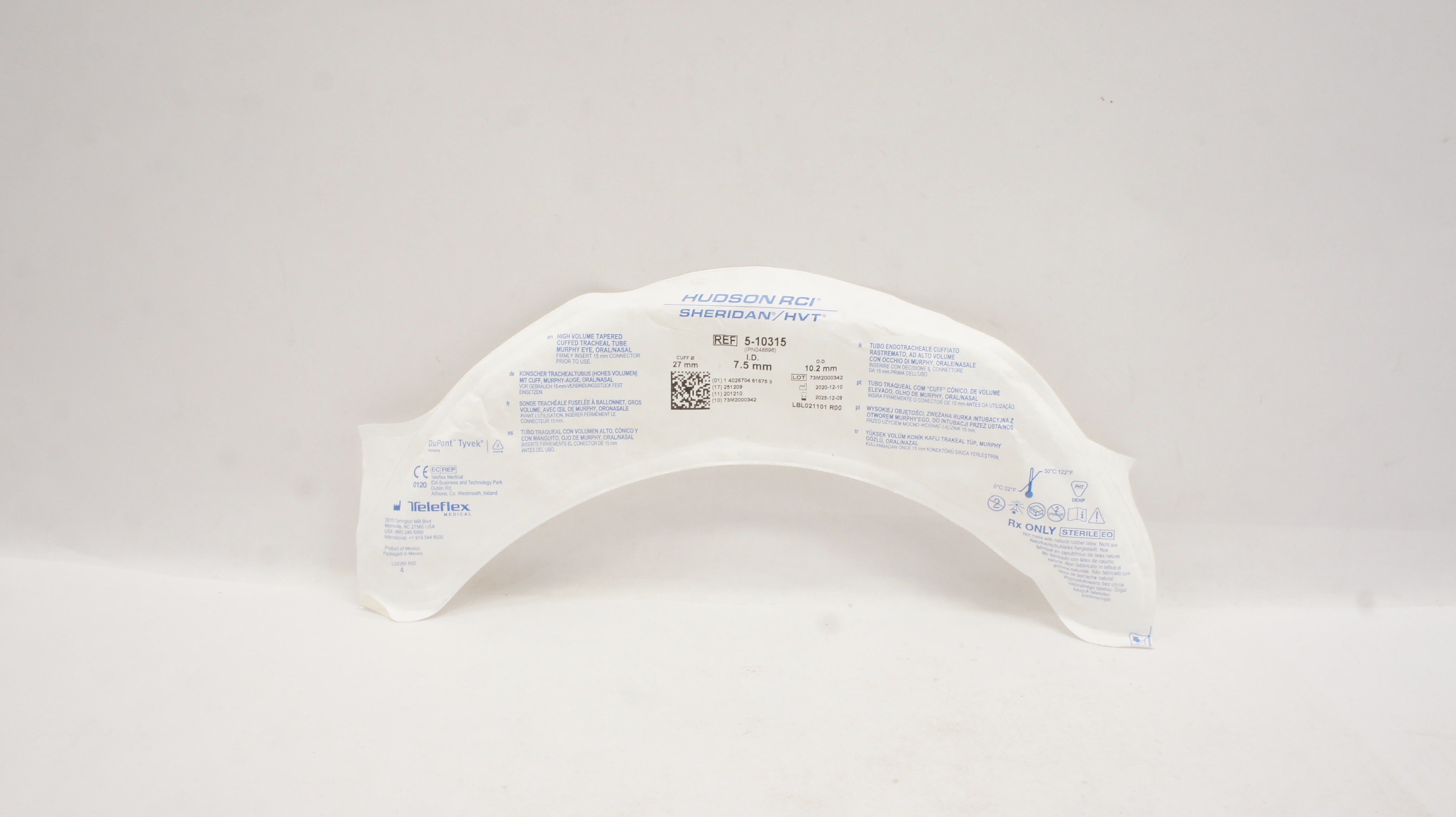 Teleflex 5-10315 Hudson RCI Sheridan HVT Cuffed Tracheal Tube 7.5 x 10.2 x 27mm