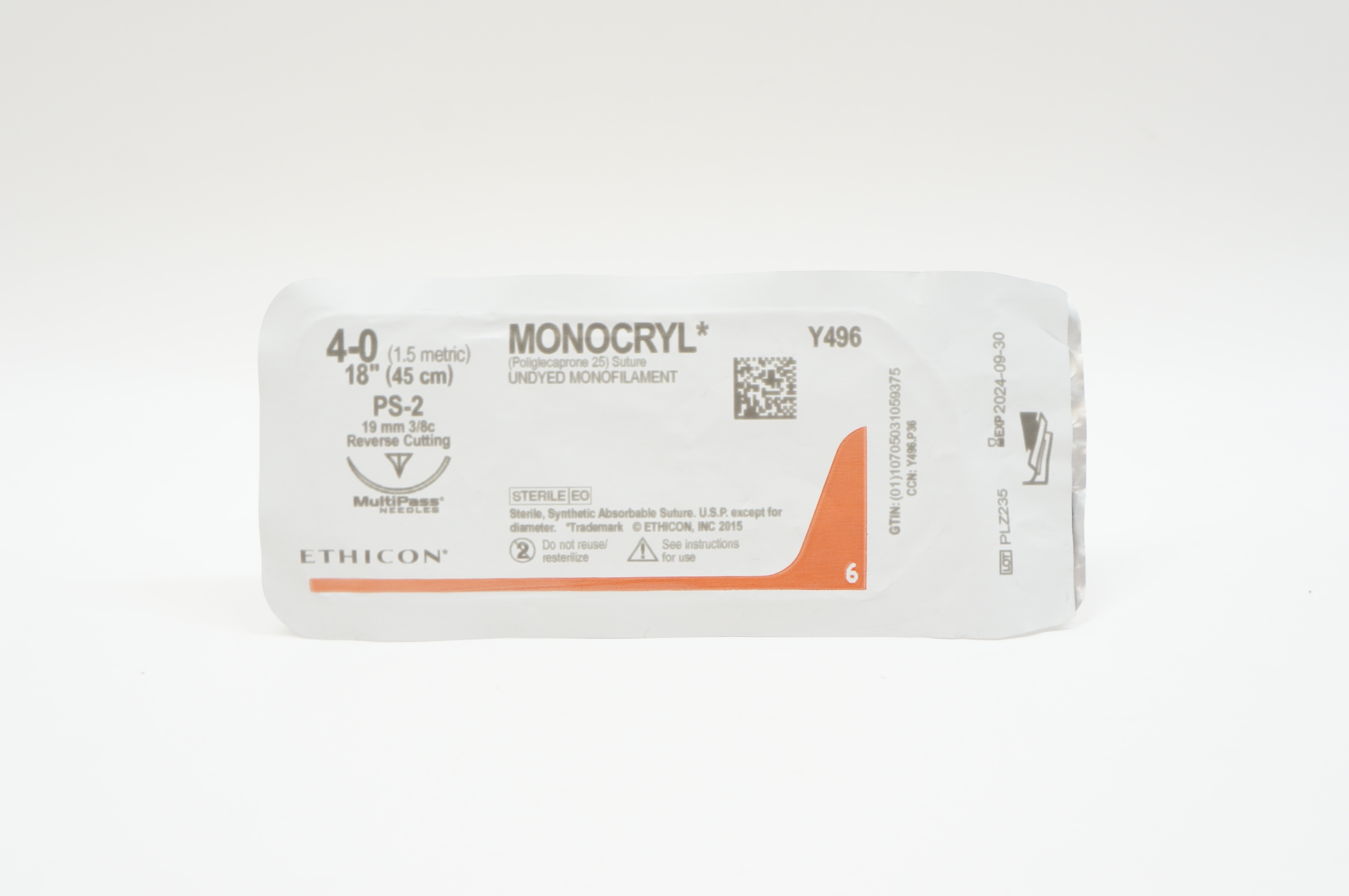 Ethicon Y496 4-0 MONOCRYL, PS-2, 19mm 3/8c Reverse Cutting, 18inch