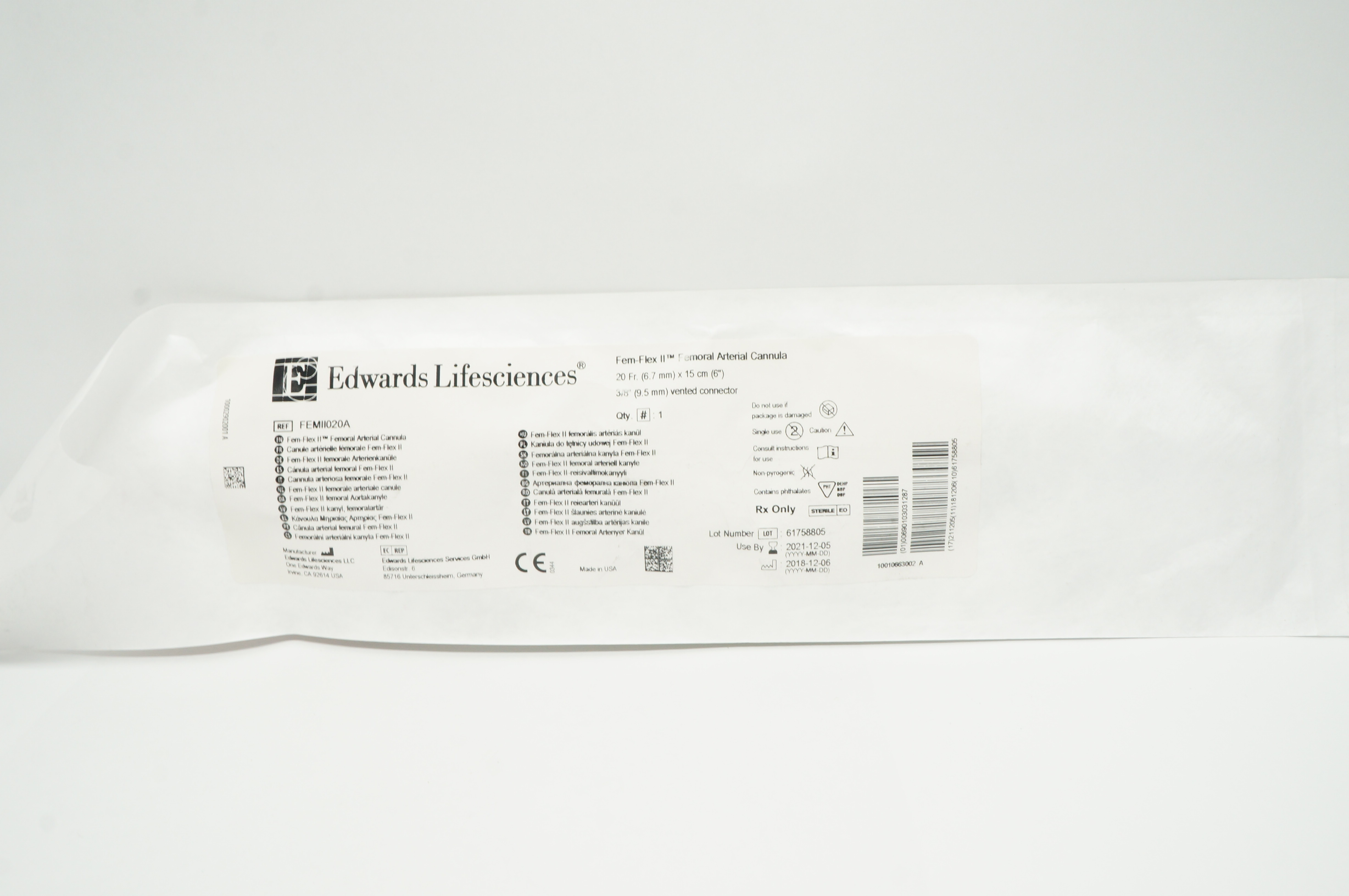 Edwards Lifesciences FEMII020A Fem-Flex II Femoral Arterial Cannula 20Fr.