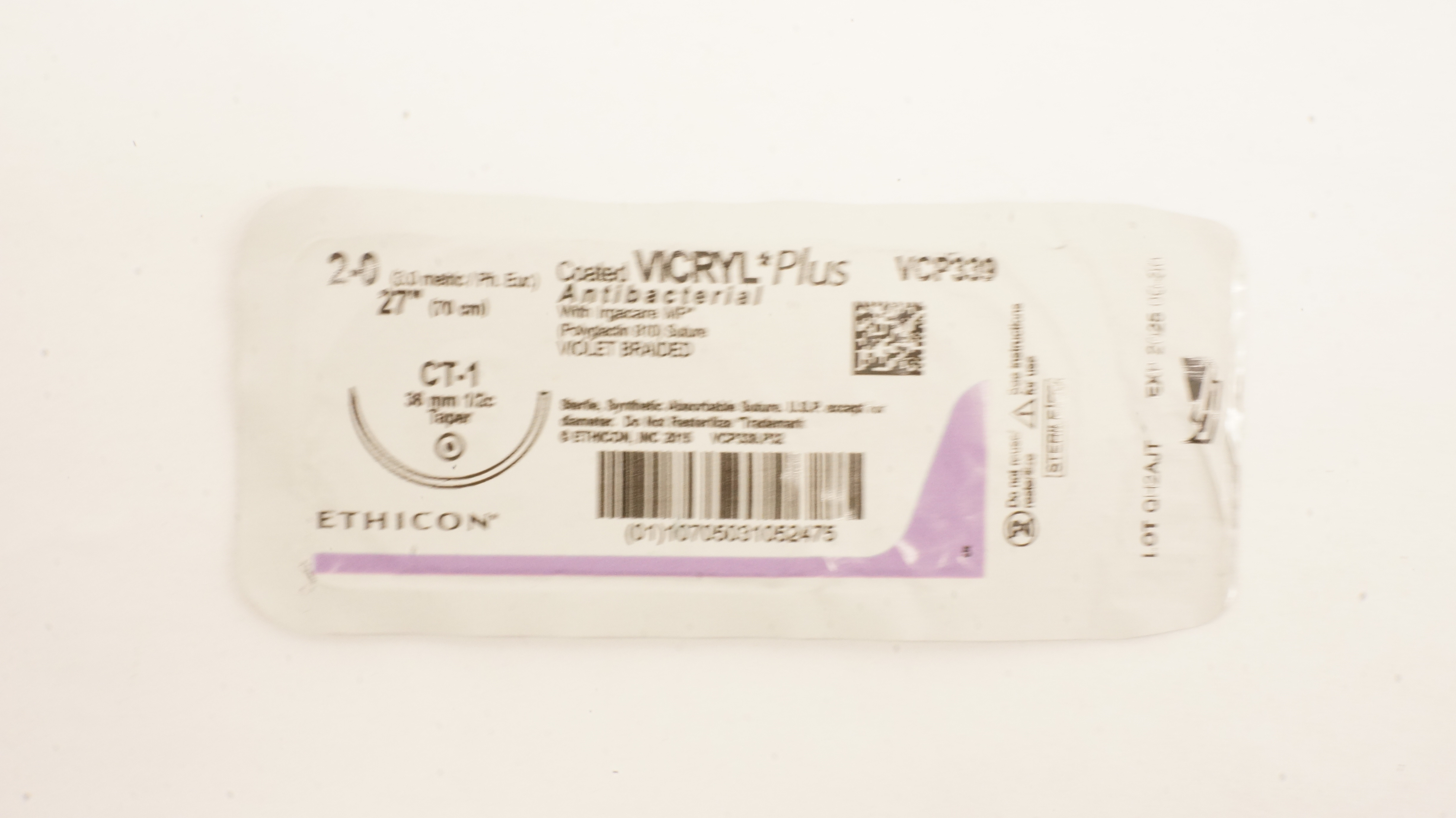 Ethicon VCP339 2-0 VICRYL Plus Polyglactin 910 Stre CT-1 36mm 1/2c Taper 27inch