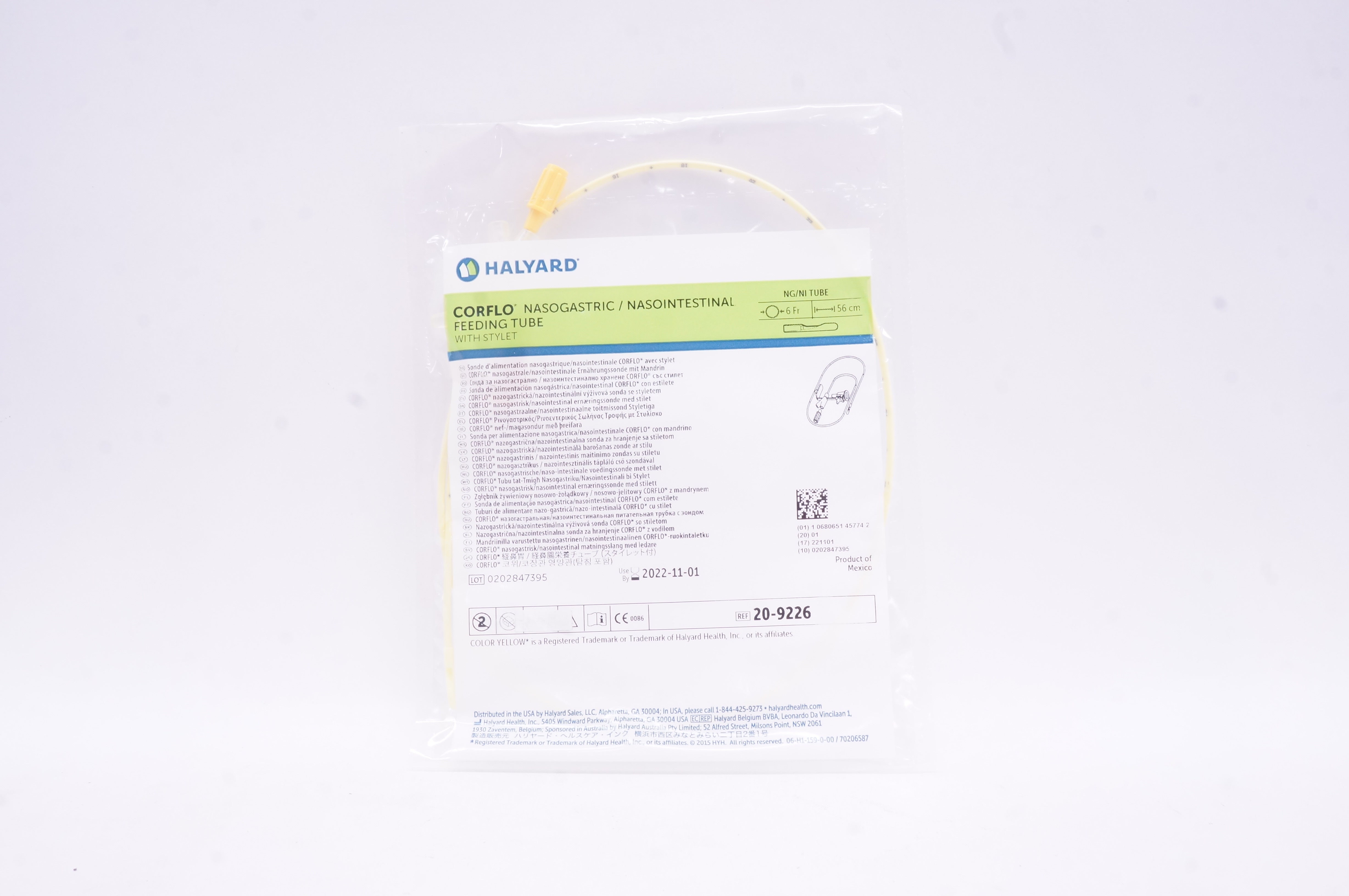 Halyard 20-9226 Corflo Nasogastric/Nasointestinal Feeding Tube 6Fr x 56cm