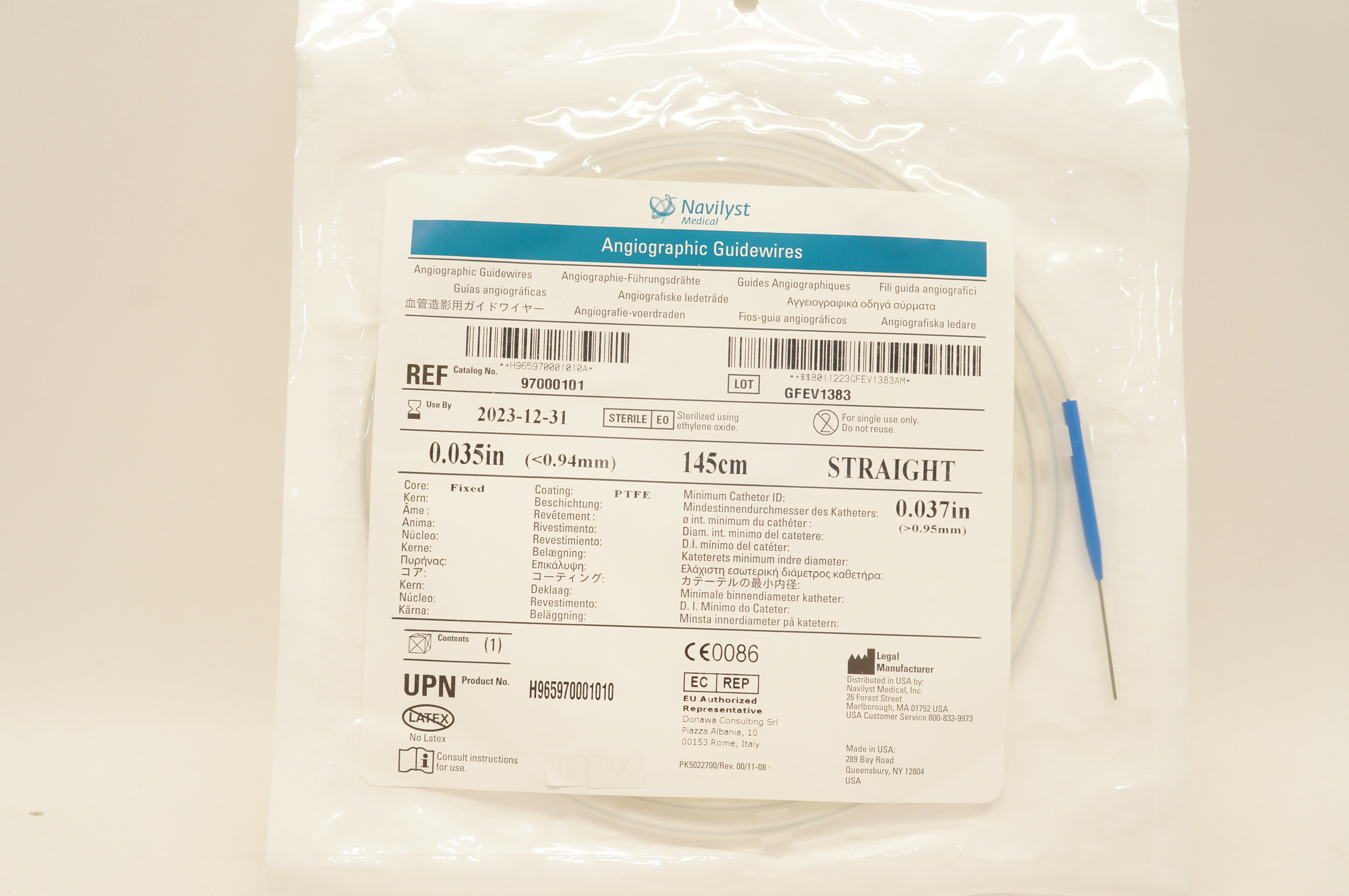 Navilyst Medical 97000101 Angiographic Guidewires, Straight 0.035in x 145cm