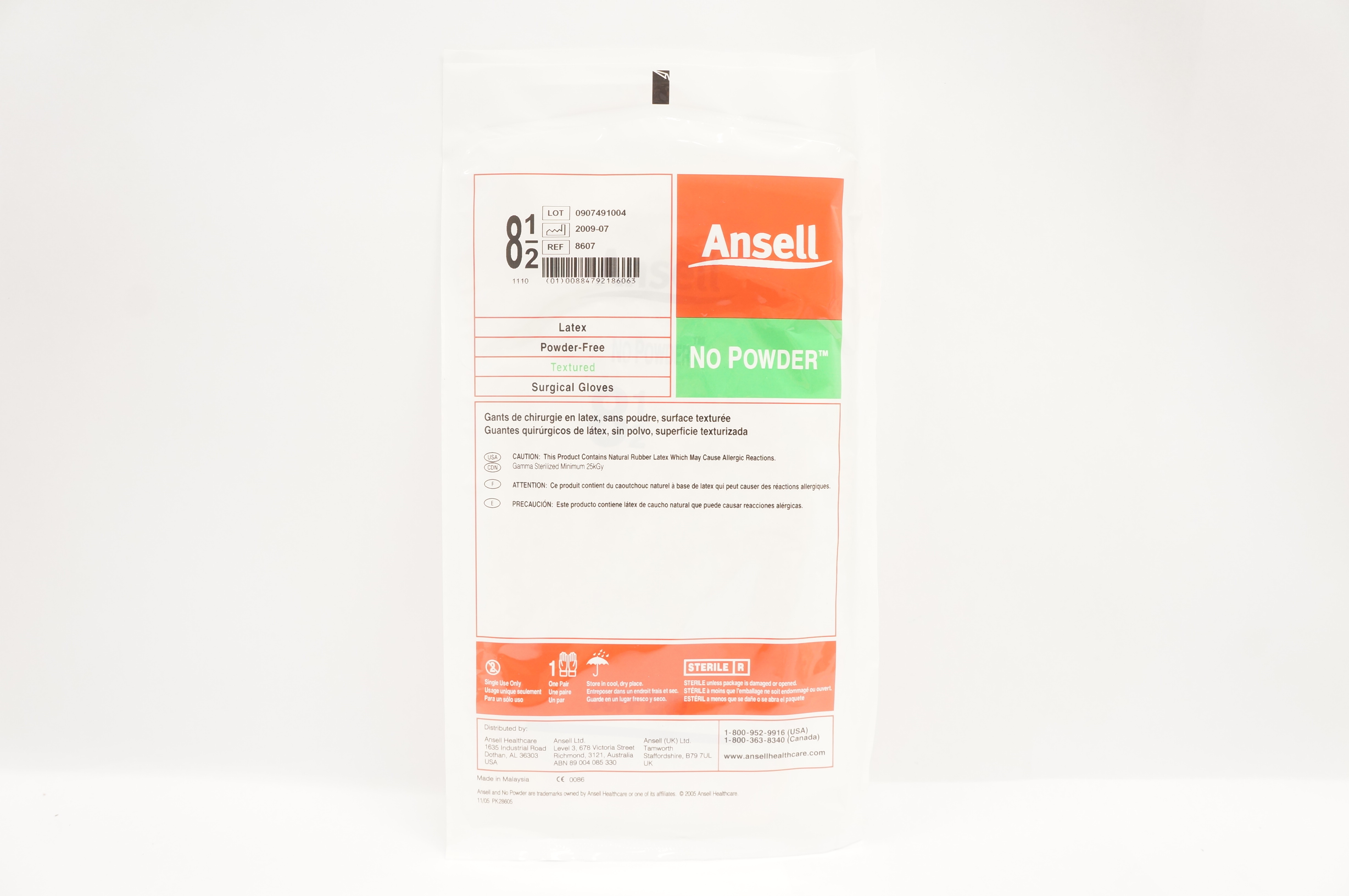 Ansell 8607 Latex Powder-Free Textured Surgical Gloves, Size 8 1/2