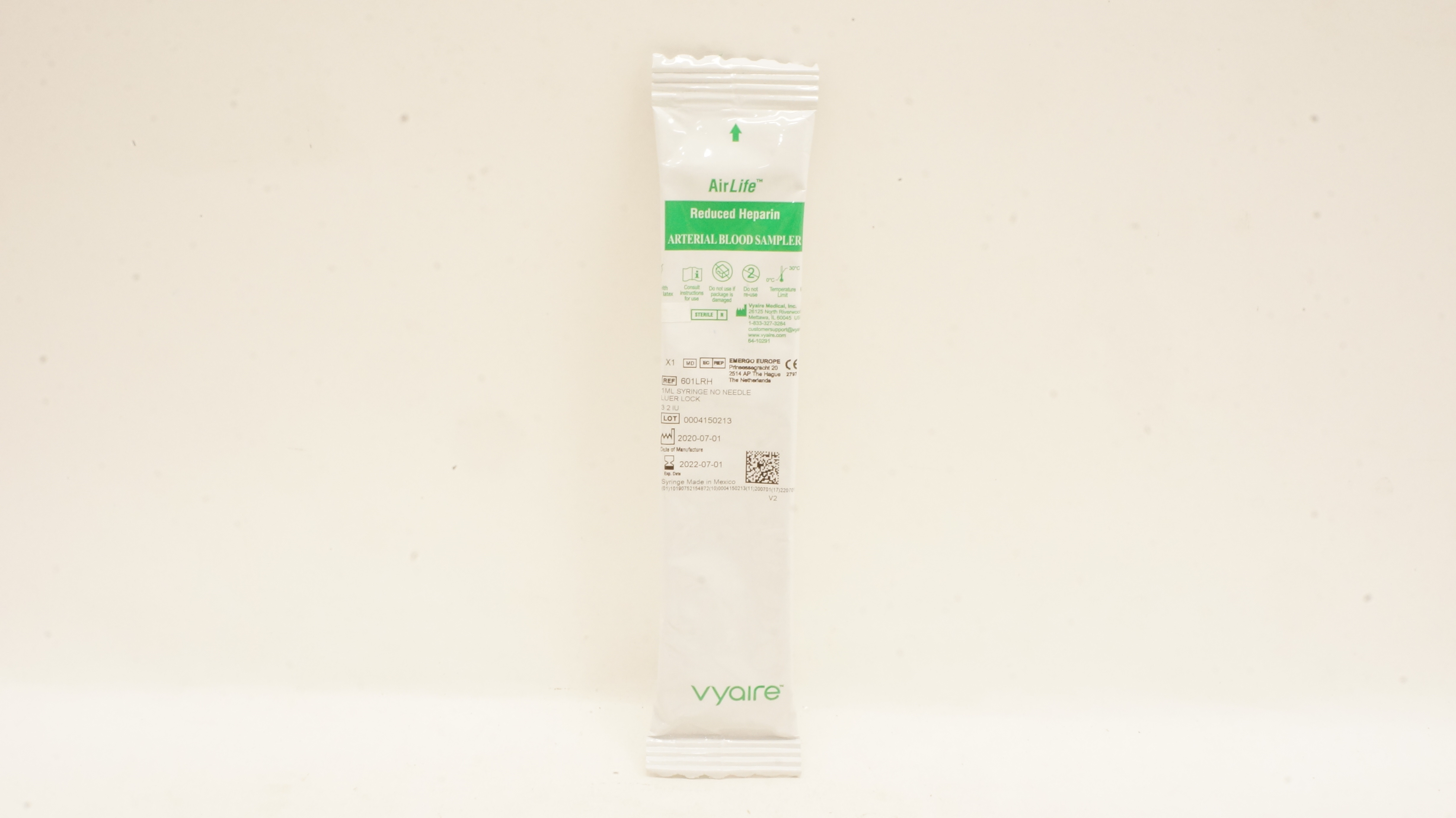 Vyaire 601LRH Reduced Heparin Arterial Blood Sampler 1ml Syringe Ndle Luer Lock