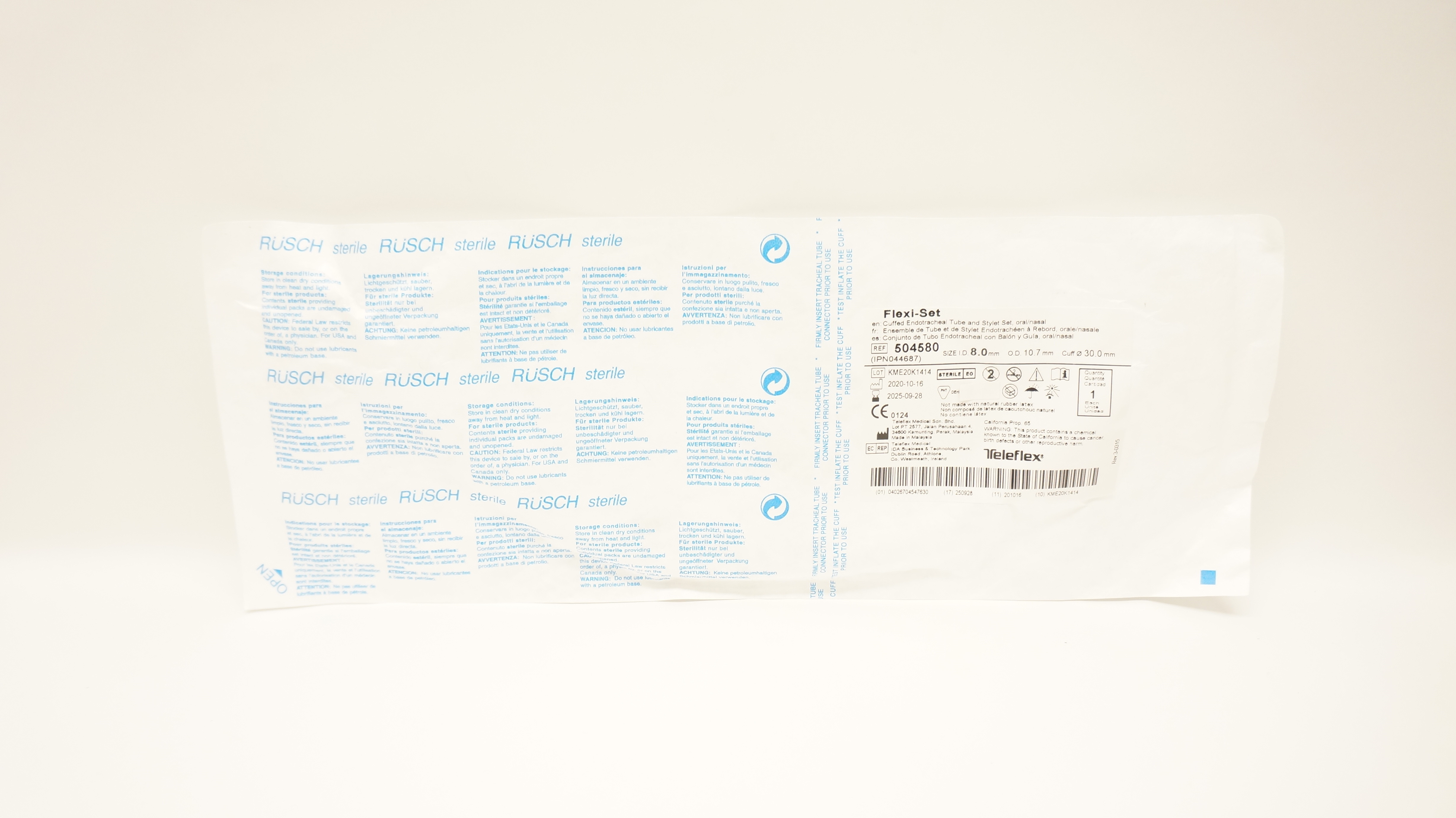 Teleflex 504580 Flexi-Set Endotracheal Tube & Stylet 8.0 ID x 10.7 OD x 30.0mm