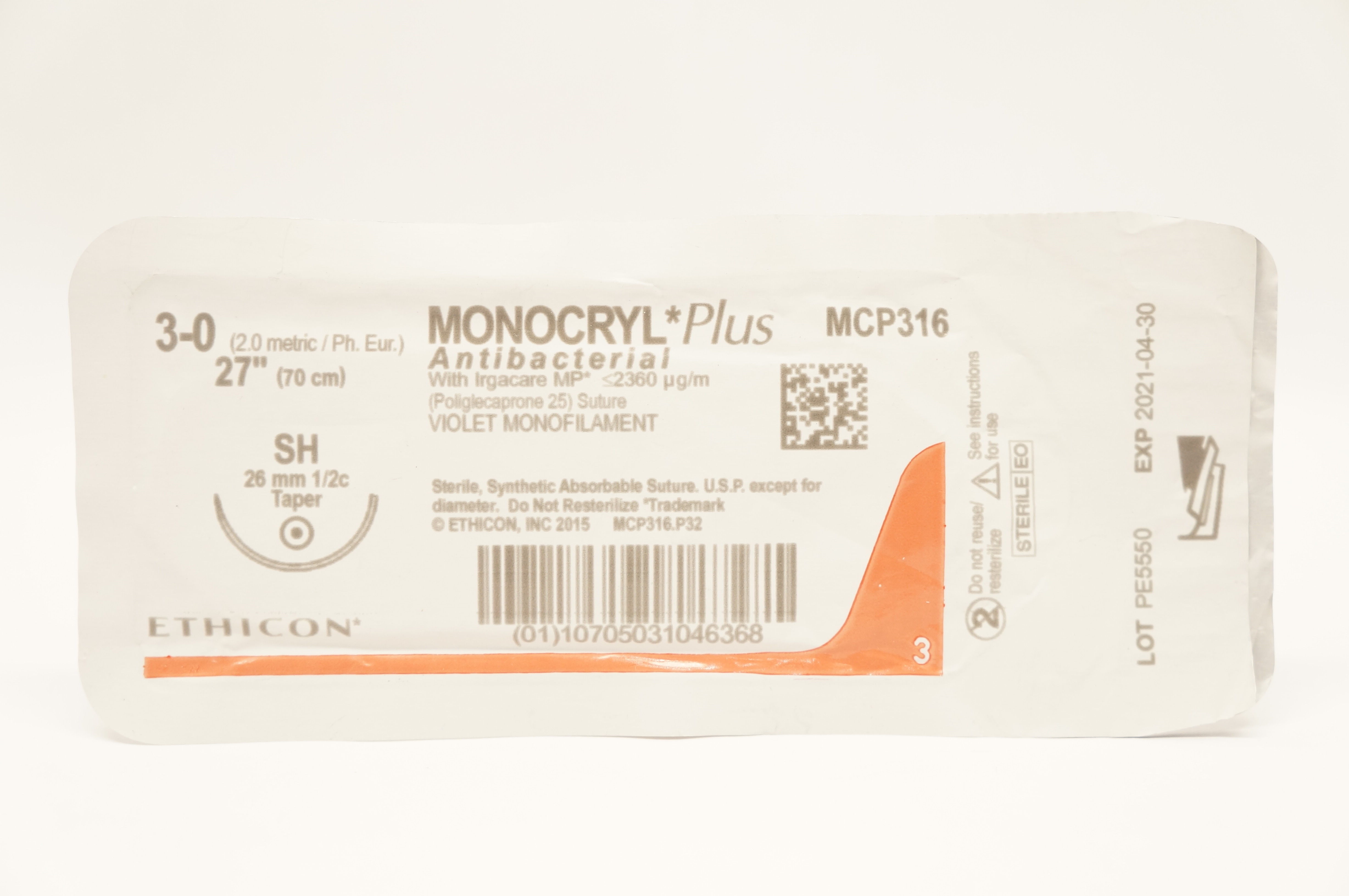 Ethicon MCP316 3-0 MONOCRYL Plus, SH, 26mm 1/2c Taper, 27inch (x)