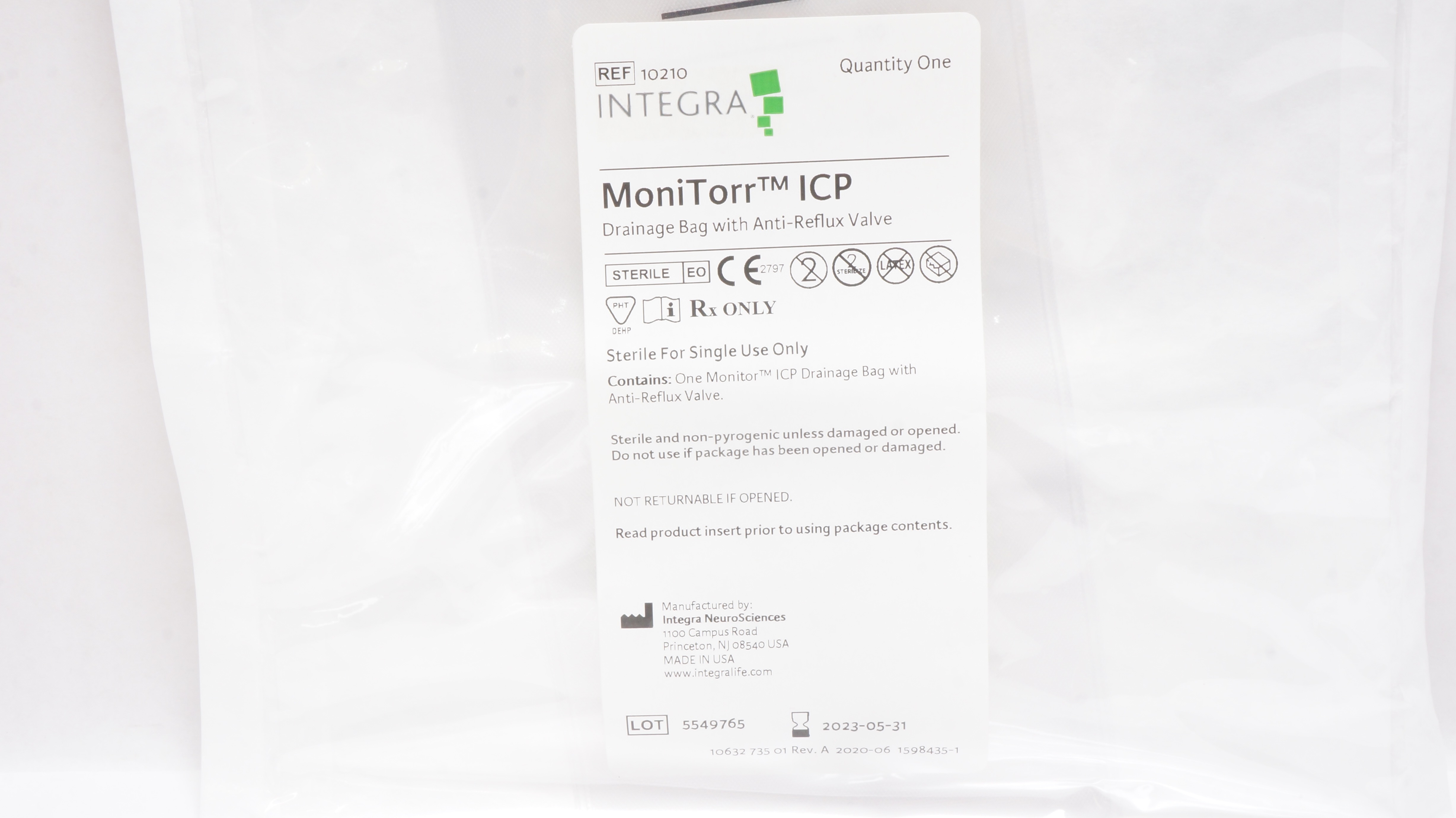 INTEGRA 10210 Monitorr ICP Drainage Bag with Anti-Reflux Valve (x)