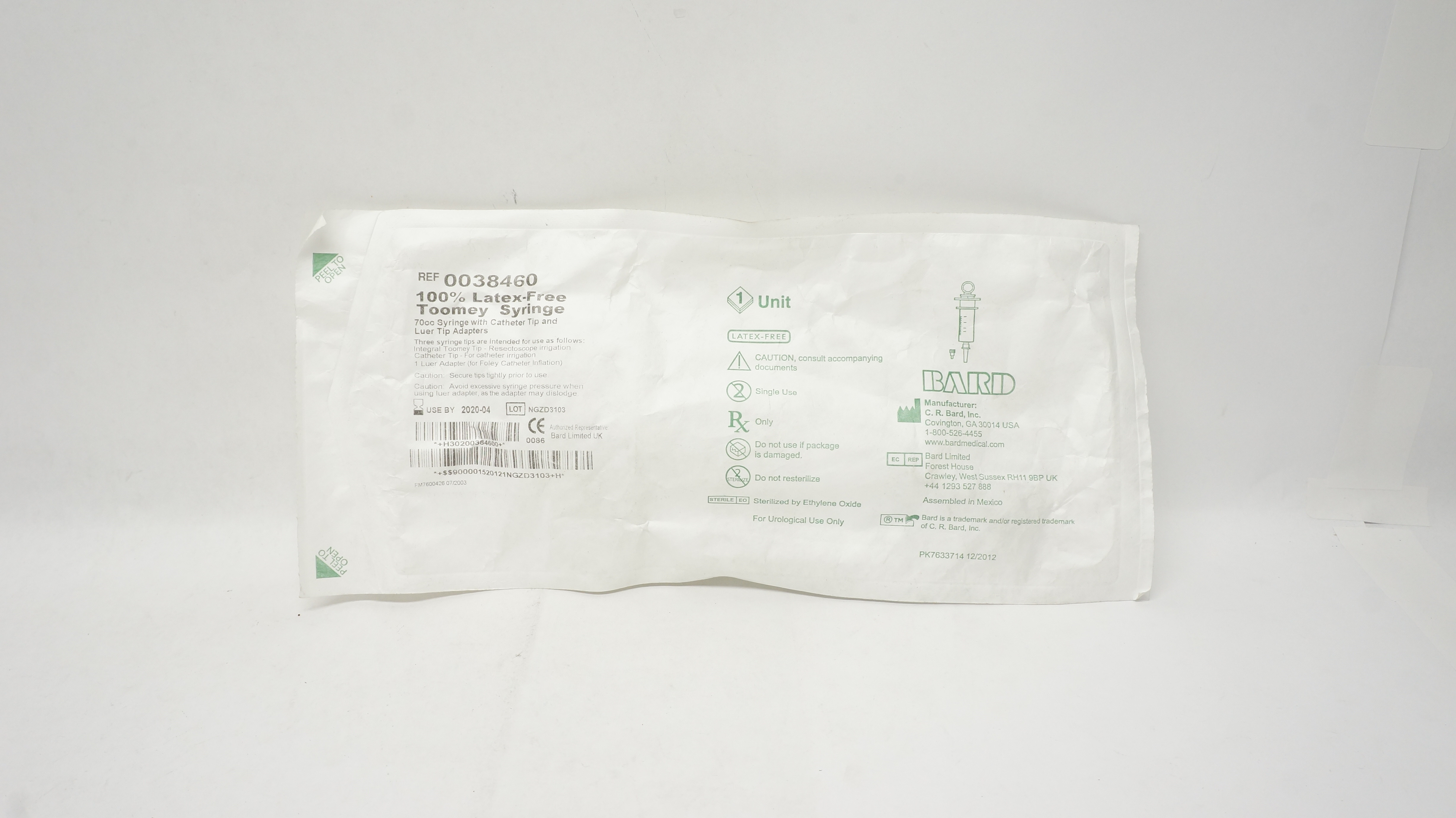 Bard 0038460 Toomey Syringe 70cc With Cath. Tip & Luer Tip Adapters (x)