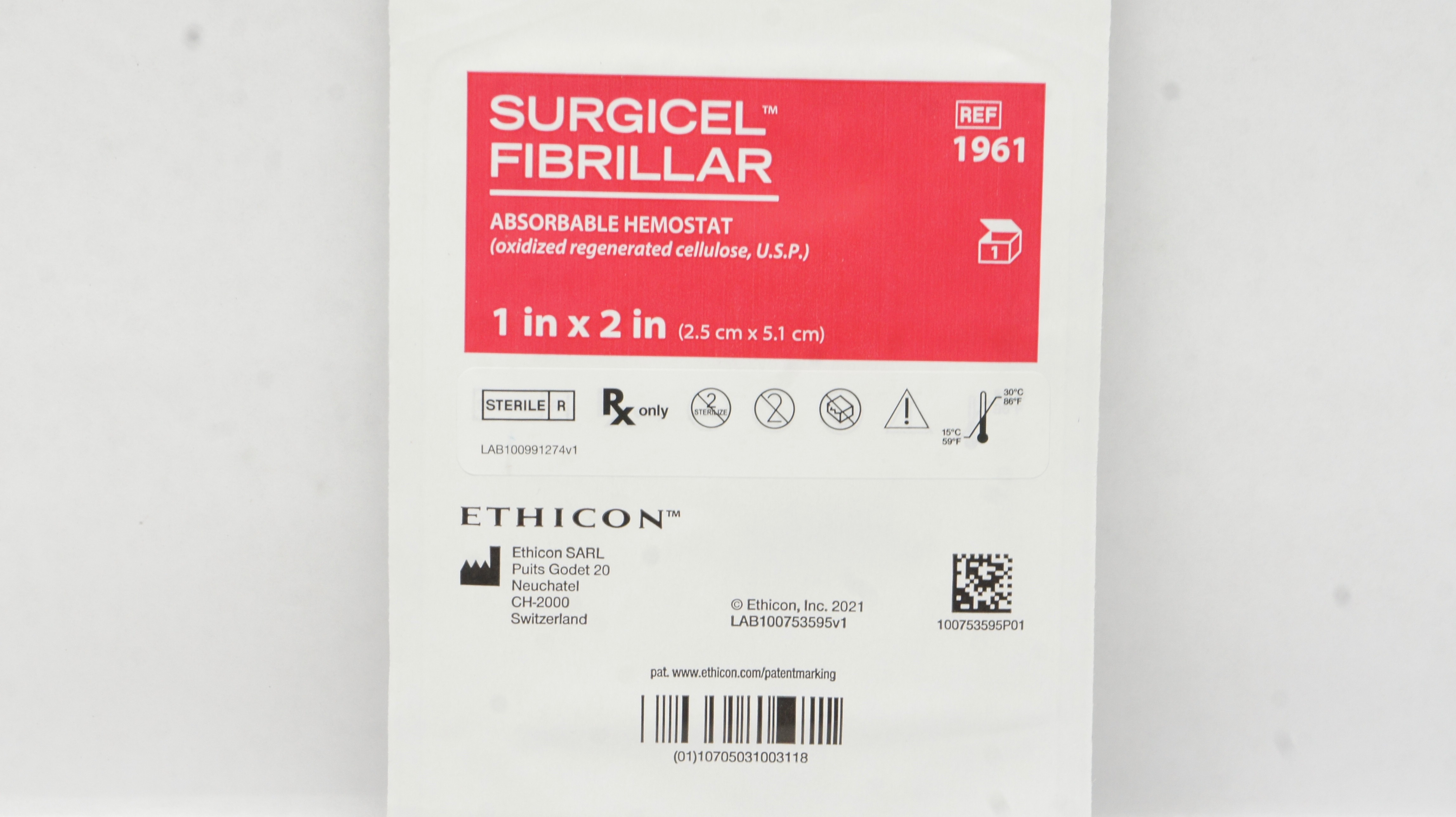 Ethicon 1961 Surgicel Fibrillar Absorbable Hemostat 1.0inch x 2.0inch