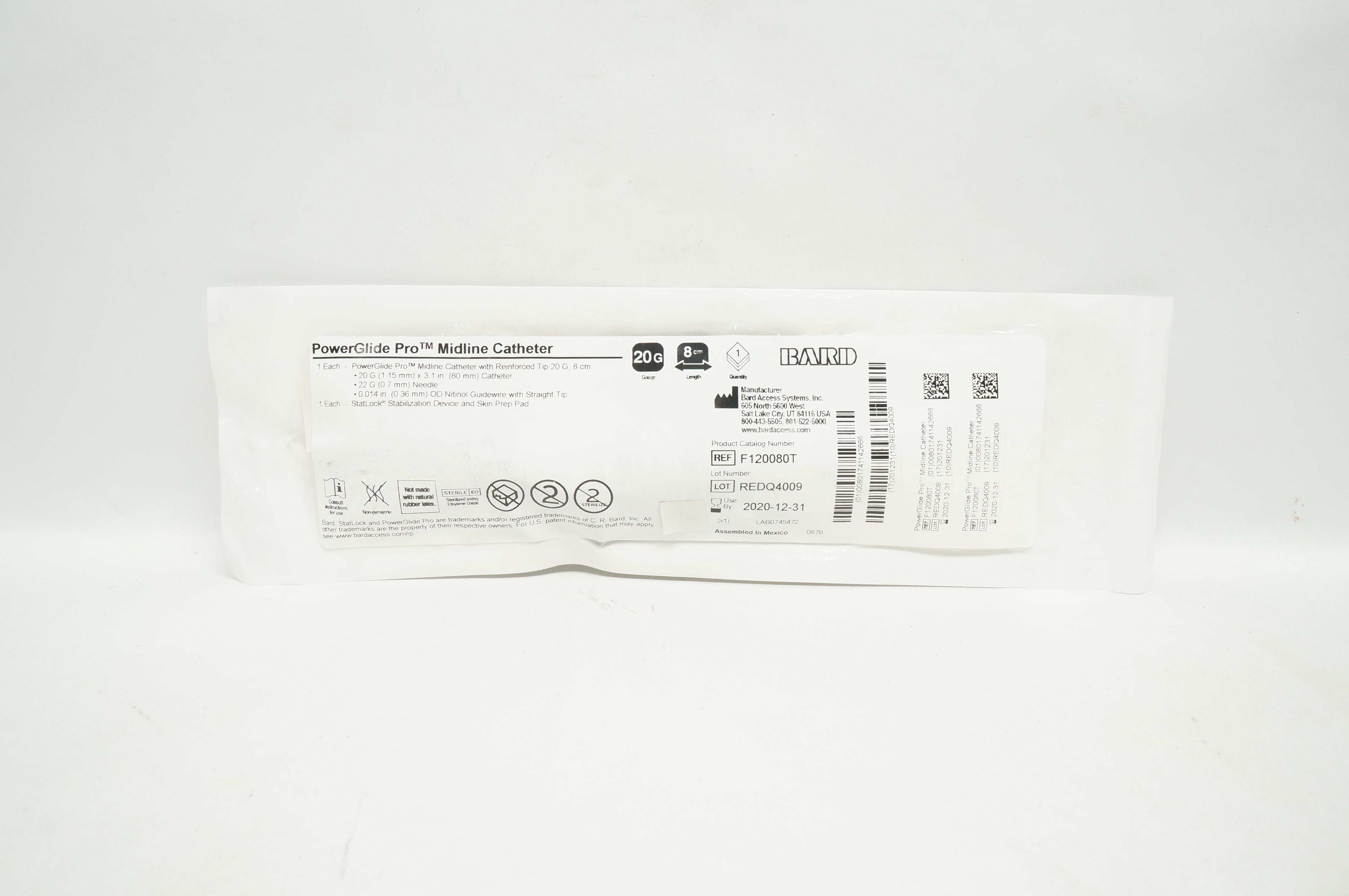 Bard F120080T PowerGlide Pro Midline Cath. W/Reinforced Tip 20G x 3.1inch (x)