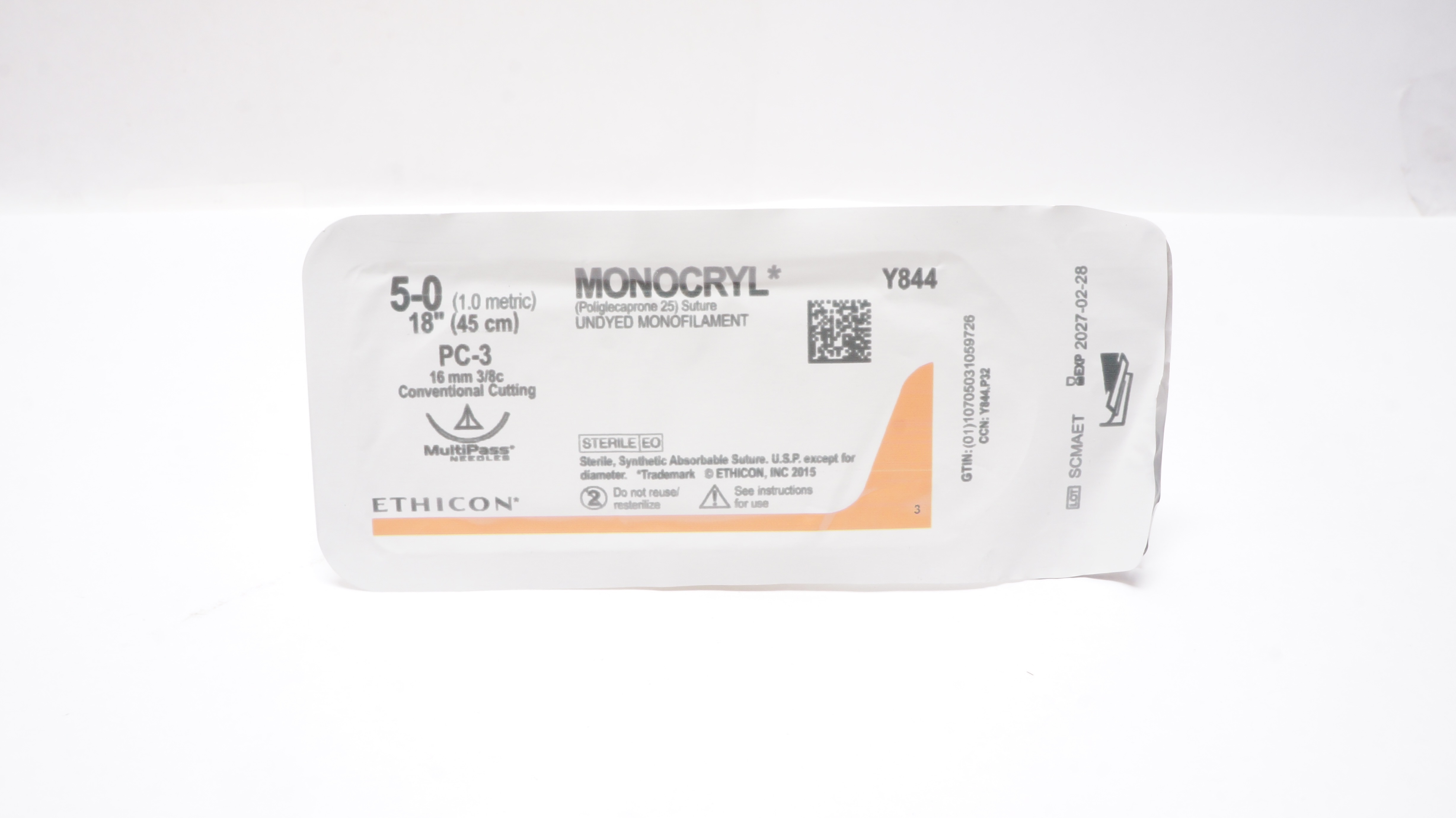 Ethicon Y844 5-0 MONOCRYL, PC-3, 16mm 3/8c Conventional Cutting, 18inch
