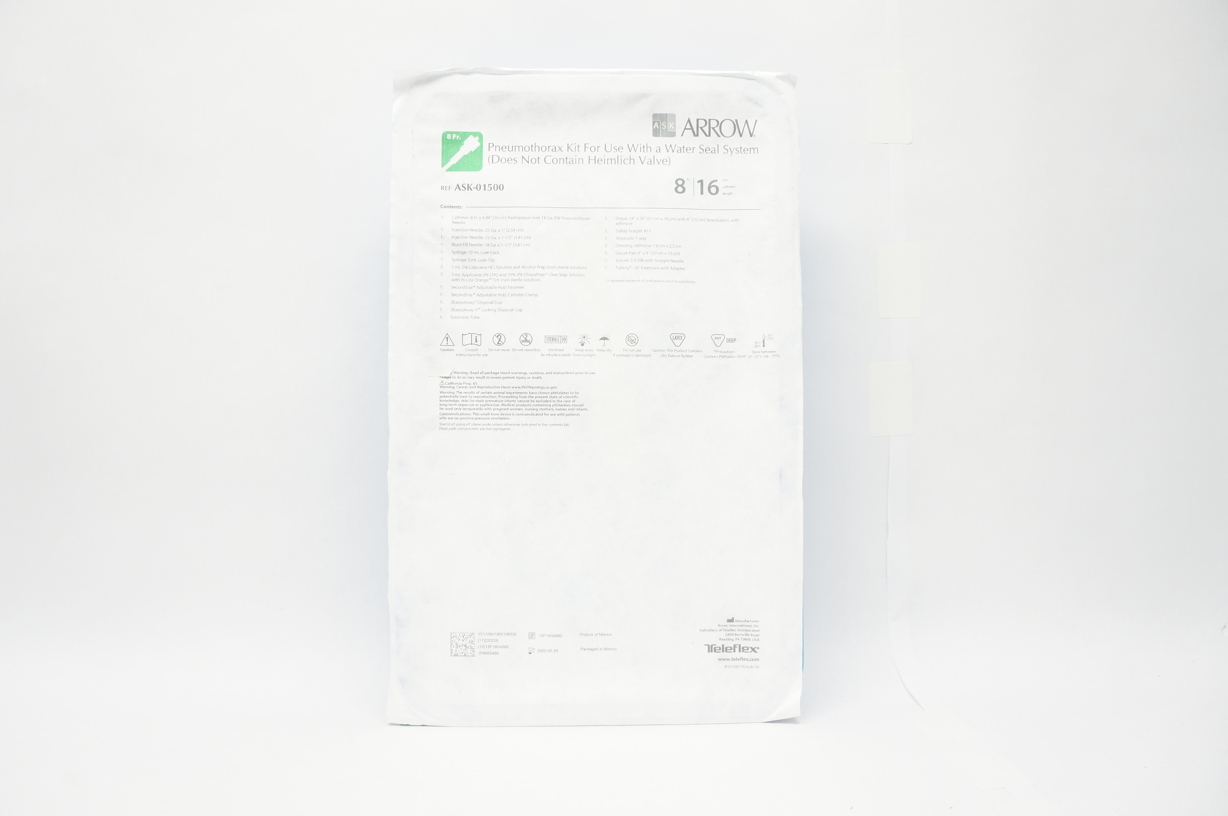 Arrow ASK-01500 Pneumothorax Kit For Use With a Water Seal System 8Fr. x 16cm(x)