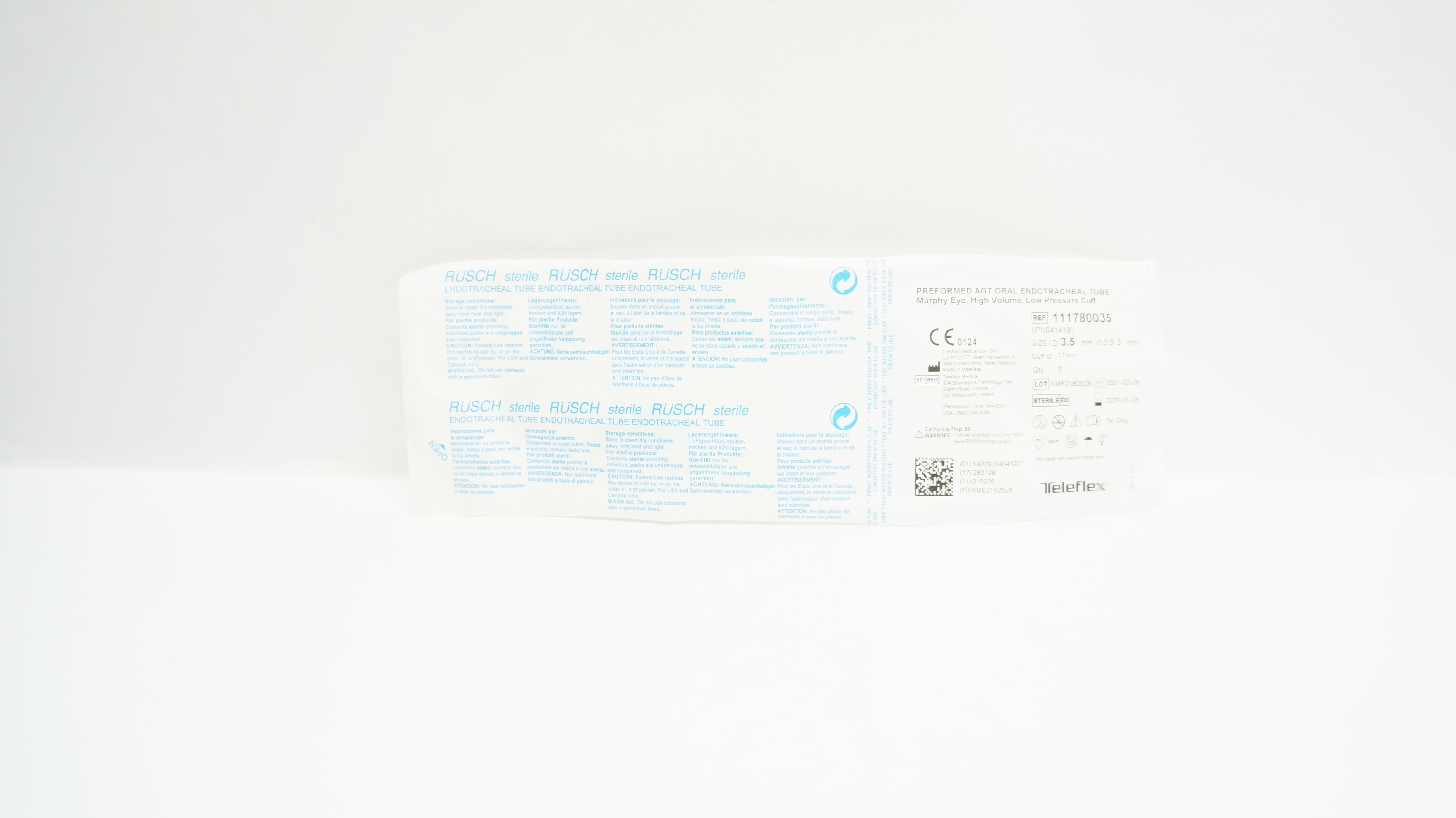 Teleflex 111780035 Preformed Agt Oral Endotracheal Tube 3.5 x 5.3 x 11.0mm