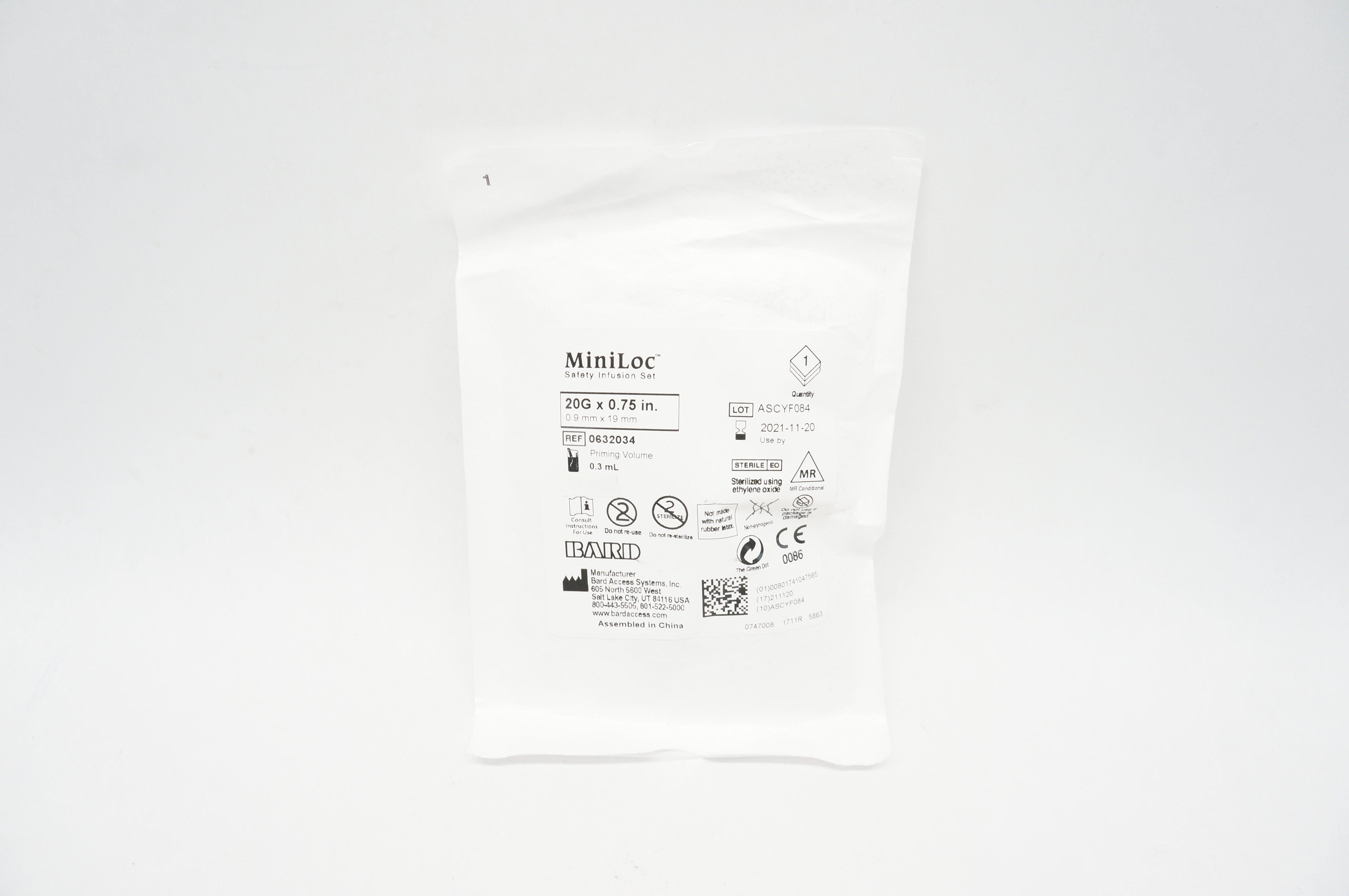 Bard 0632034 MiniLoc Safety Infusion Set 20G x 0.75 inch Priming Vol. 0.3ml (x)