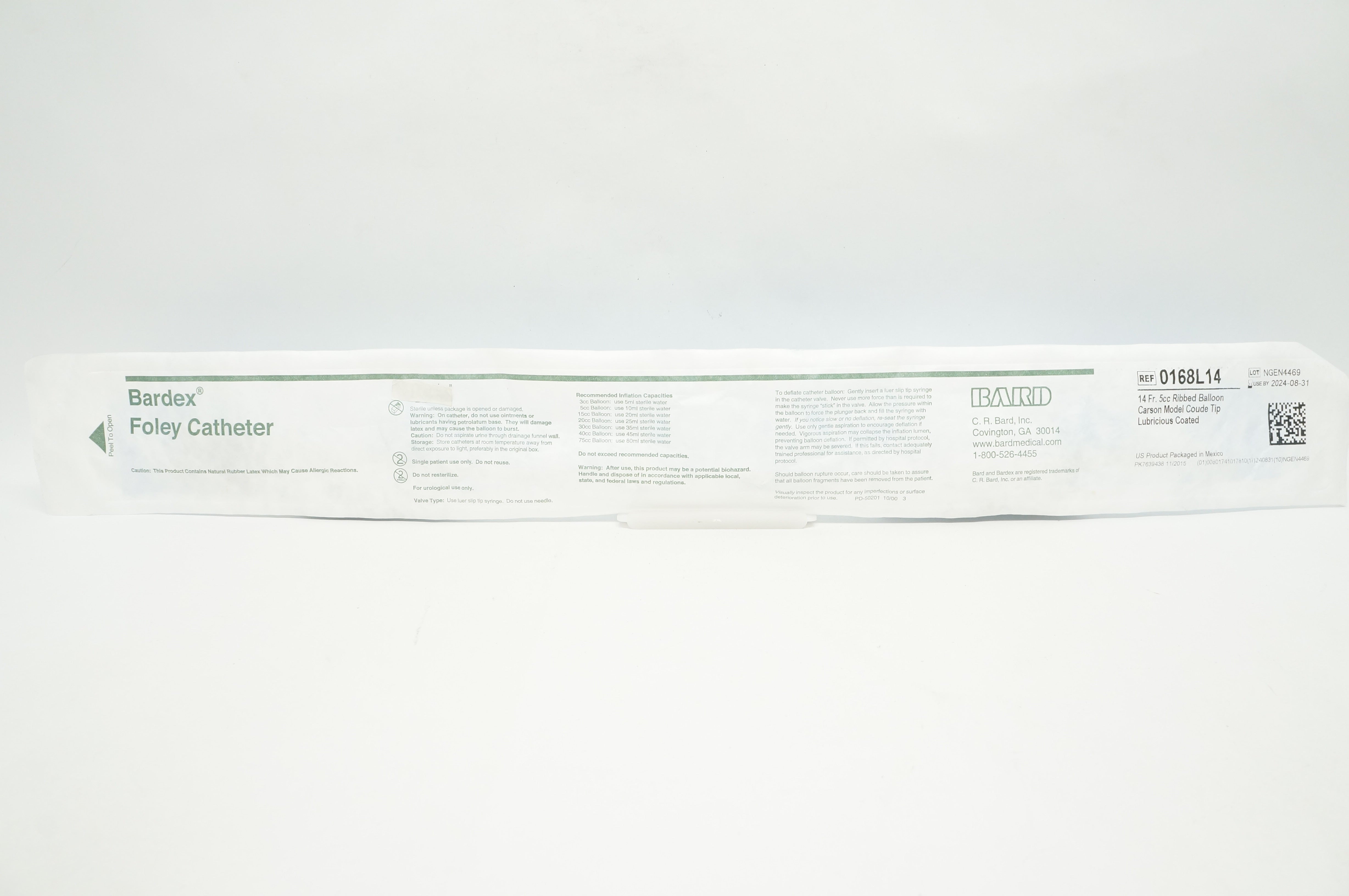 Bard 0168L14 Foley Catheter 14Fr. 30cc Ribbed Balloon