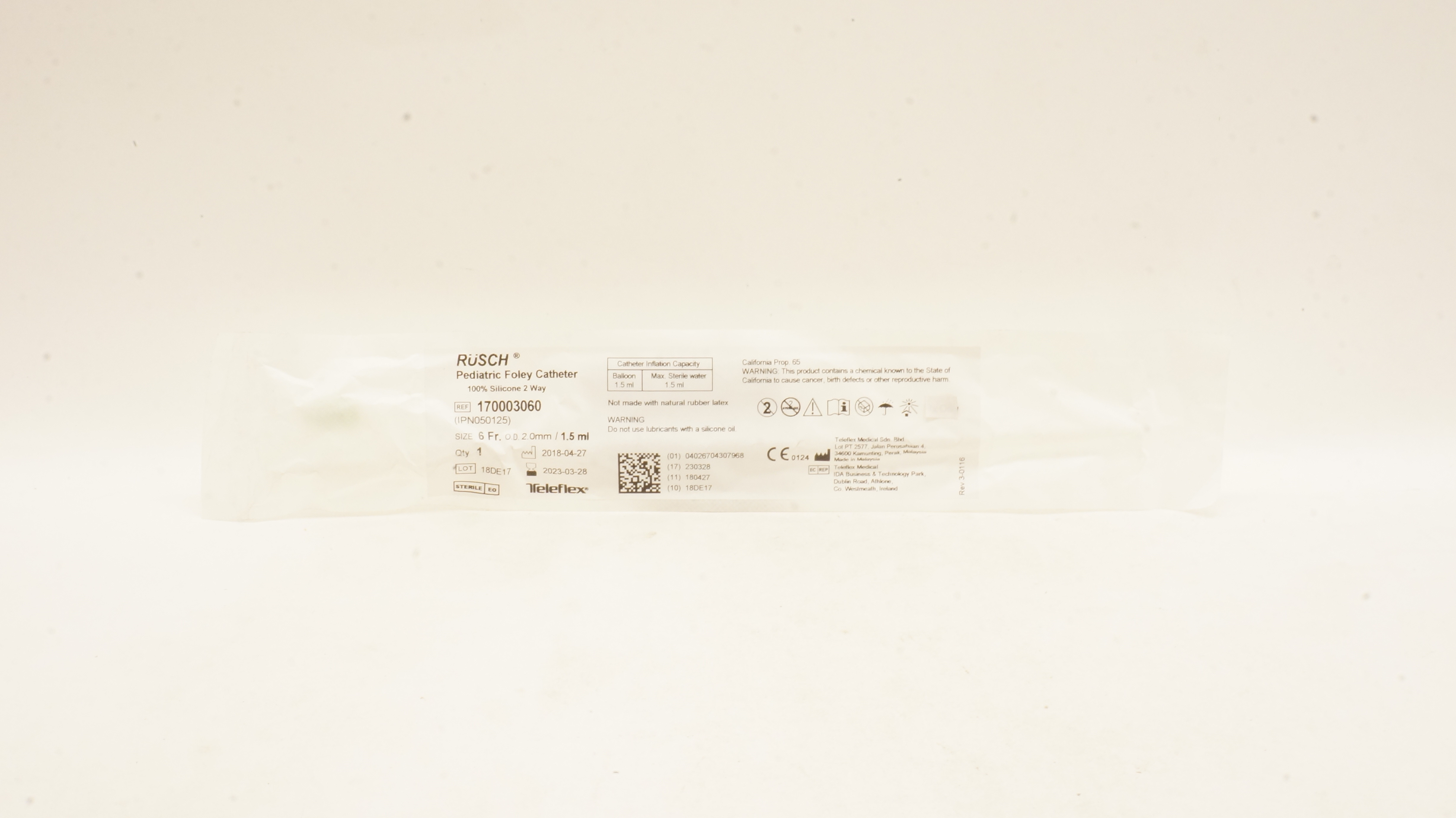 Teleflex 170003060 RUSCH Pediatric Foley Cath. 6Fr x 2.0mm O.D. x 1.5ml