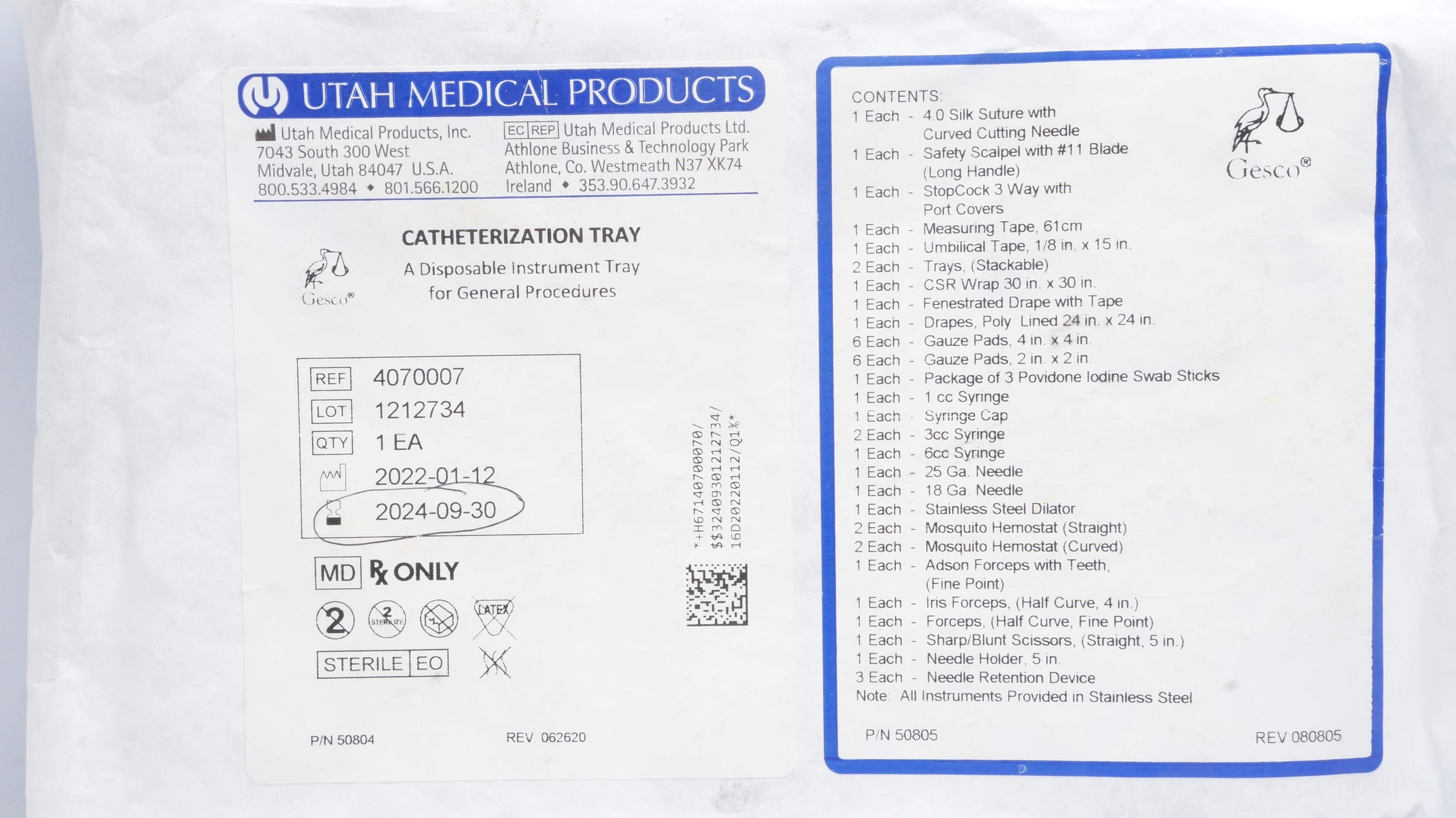 Utah Medical 4070007 Gesco Catheterization Tray (x)