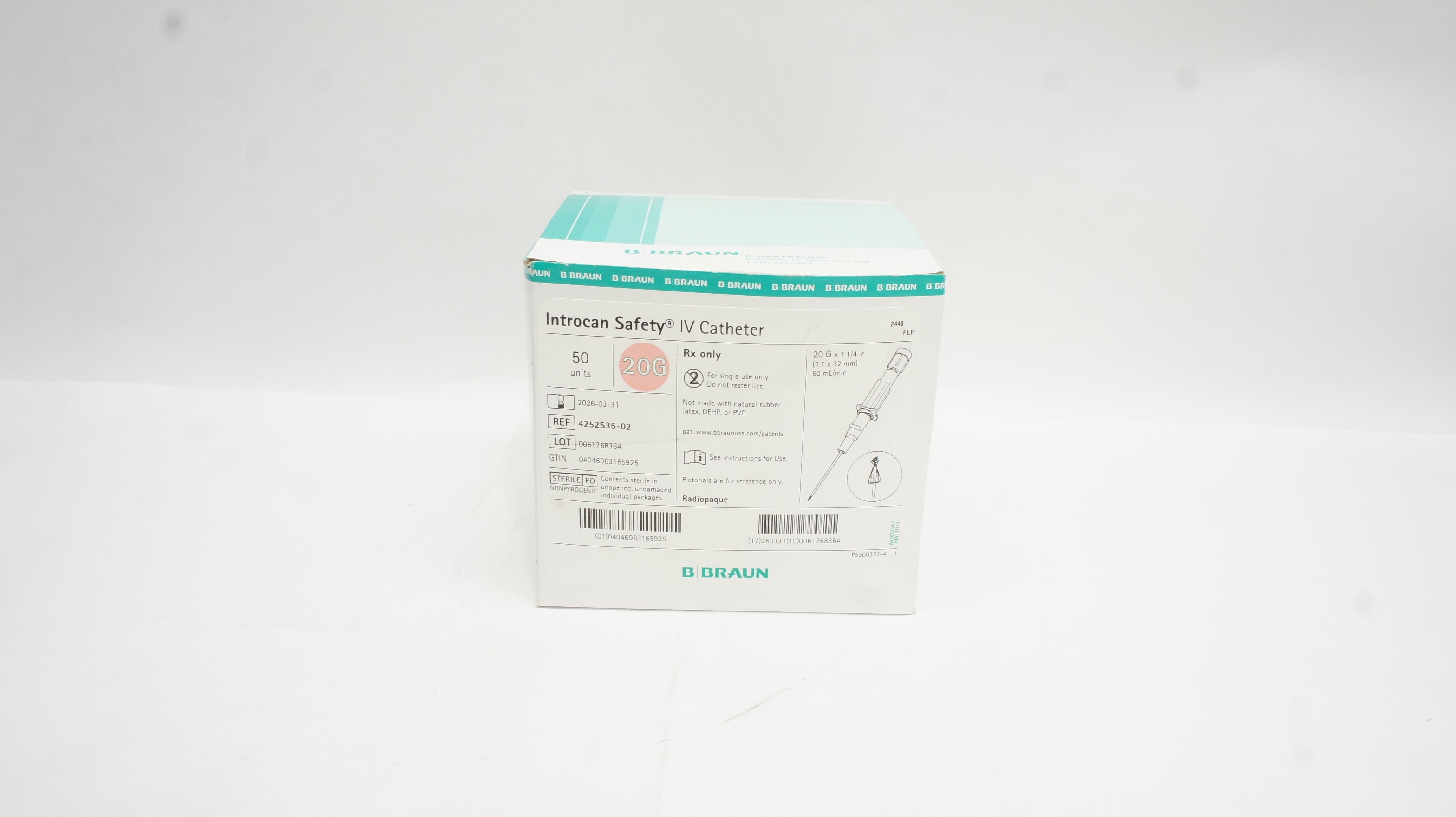 Braun 4252535-02 Introcan Safety IV Cath. 20G x 1-1/4inch - Box of 50