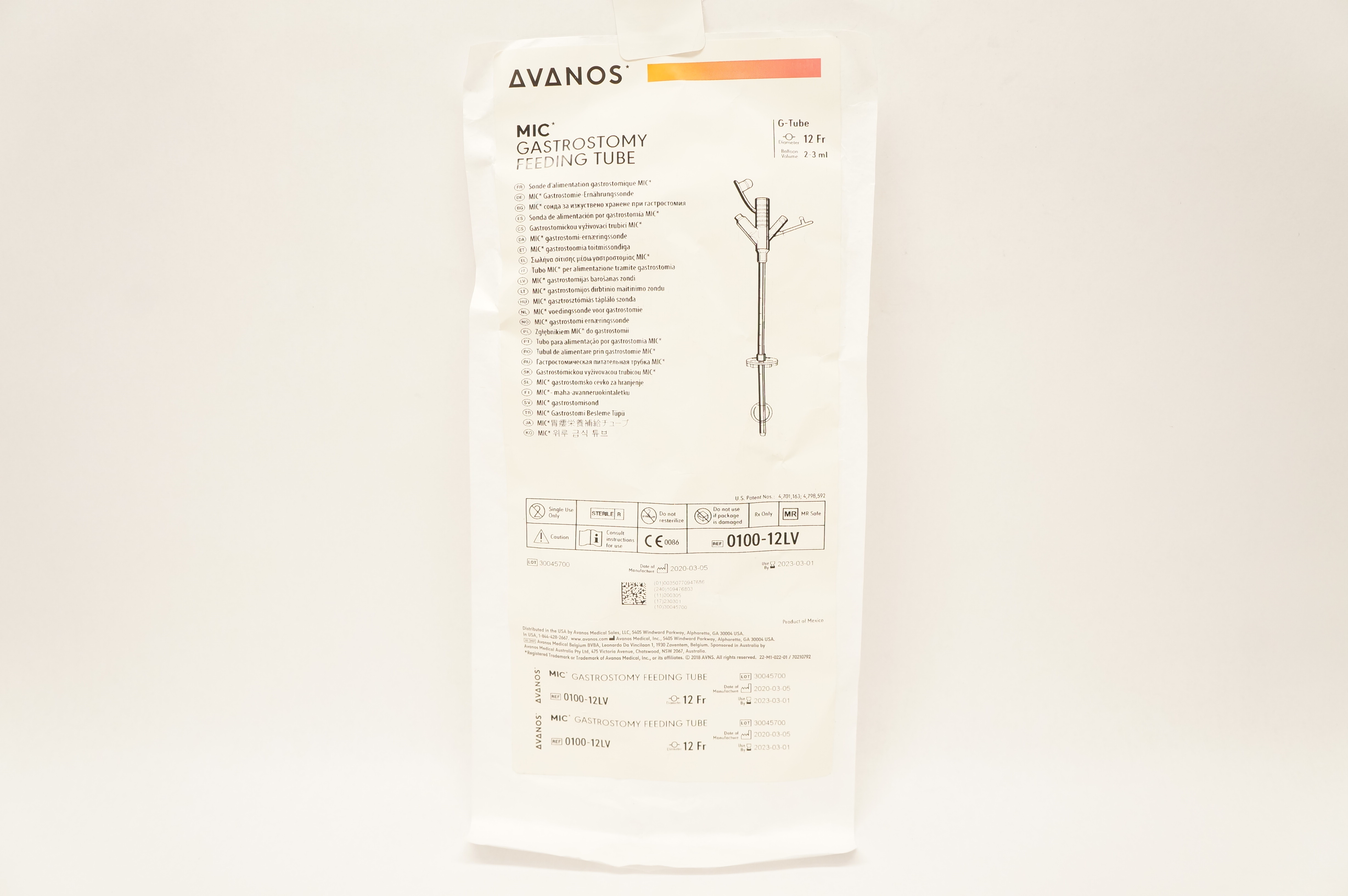 Avanos 010012LV Mic Gastrostomy Feeding Tube 12Fr x 23ml