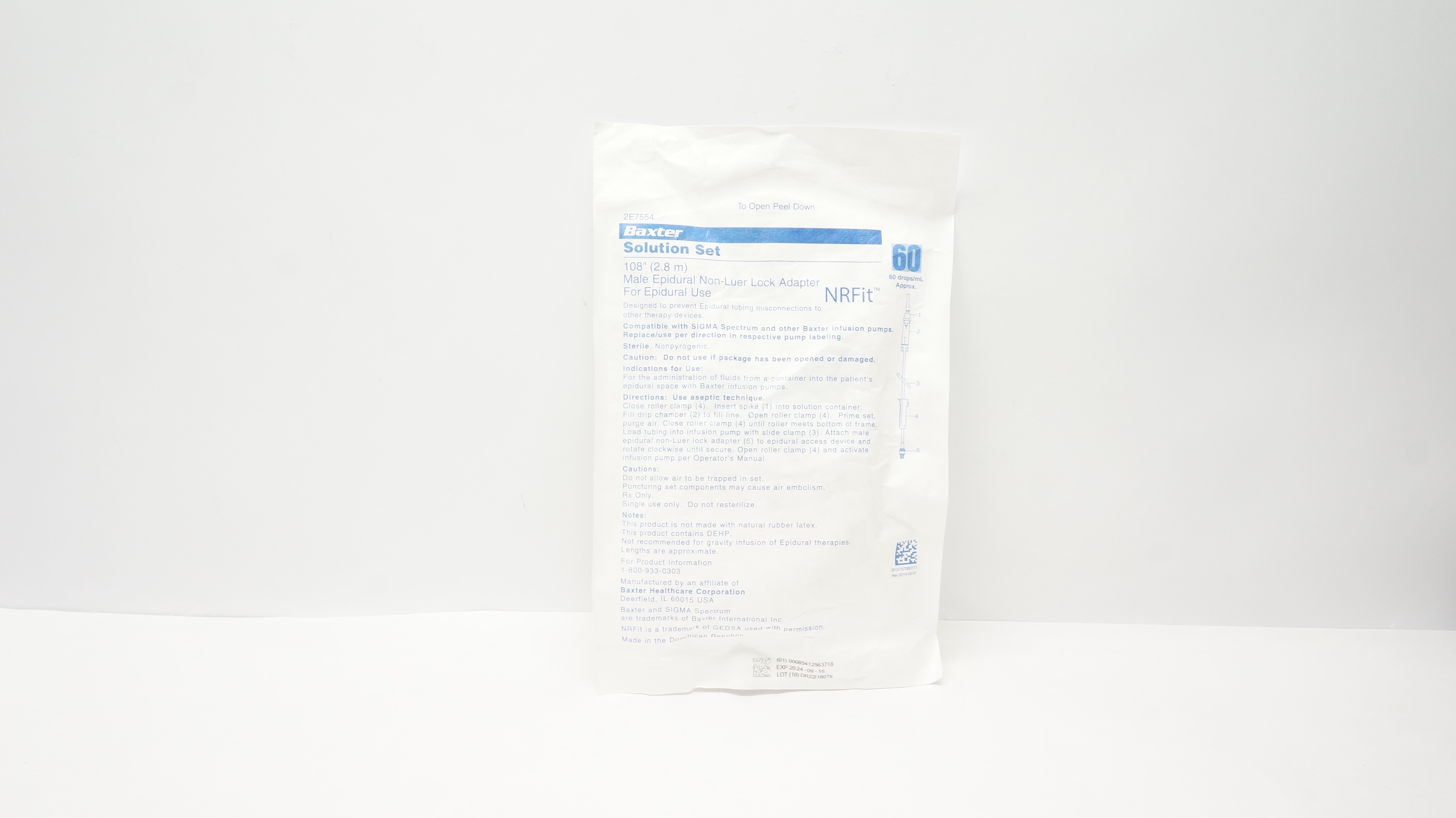 Baxter 2E7554 Solution Set 60Drops/mL, 108inch Male Epidural Lock Adapter(x)