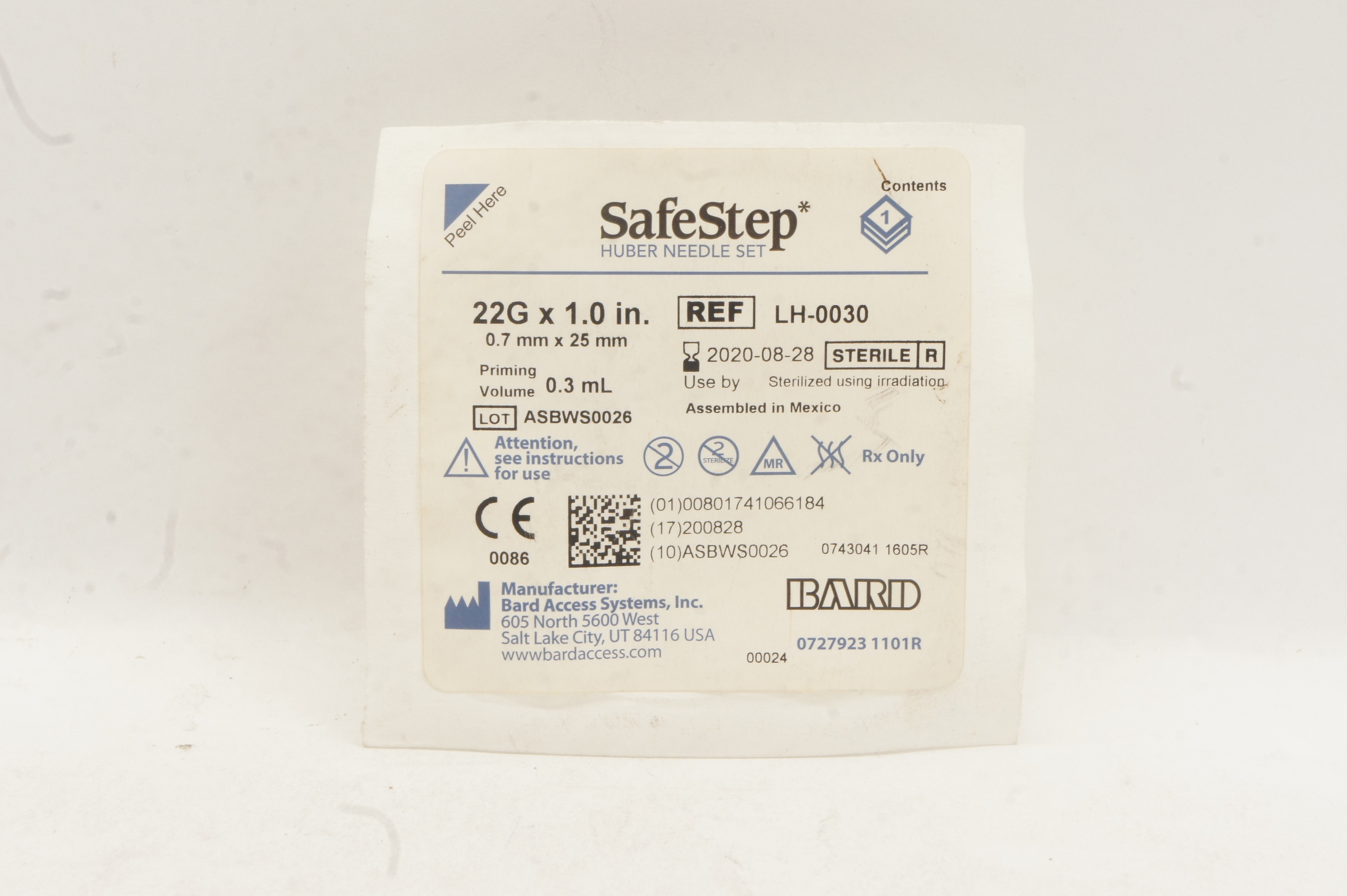 Bard LH-0030 SafeStep Huber Ndle Set  22G x 1.0inch, Priming Volume 0.3mL (x)