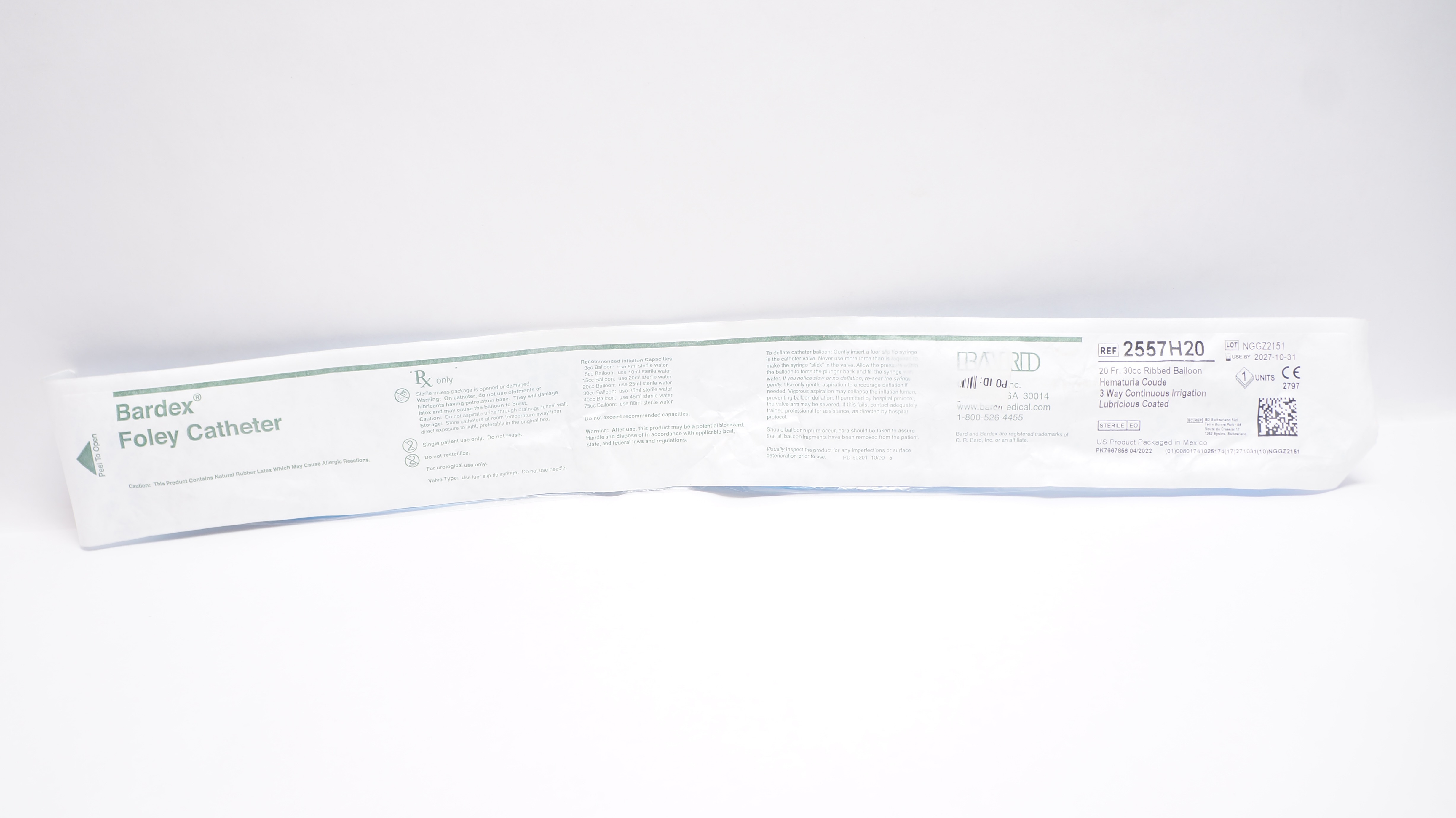 Bard 2557H20 Bardex Foley Cath. Ribbed Balloon Hematuria Coude 20Fr. 30cc