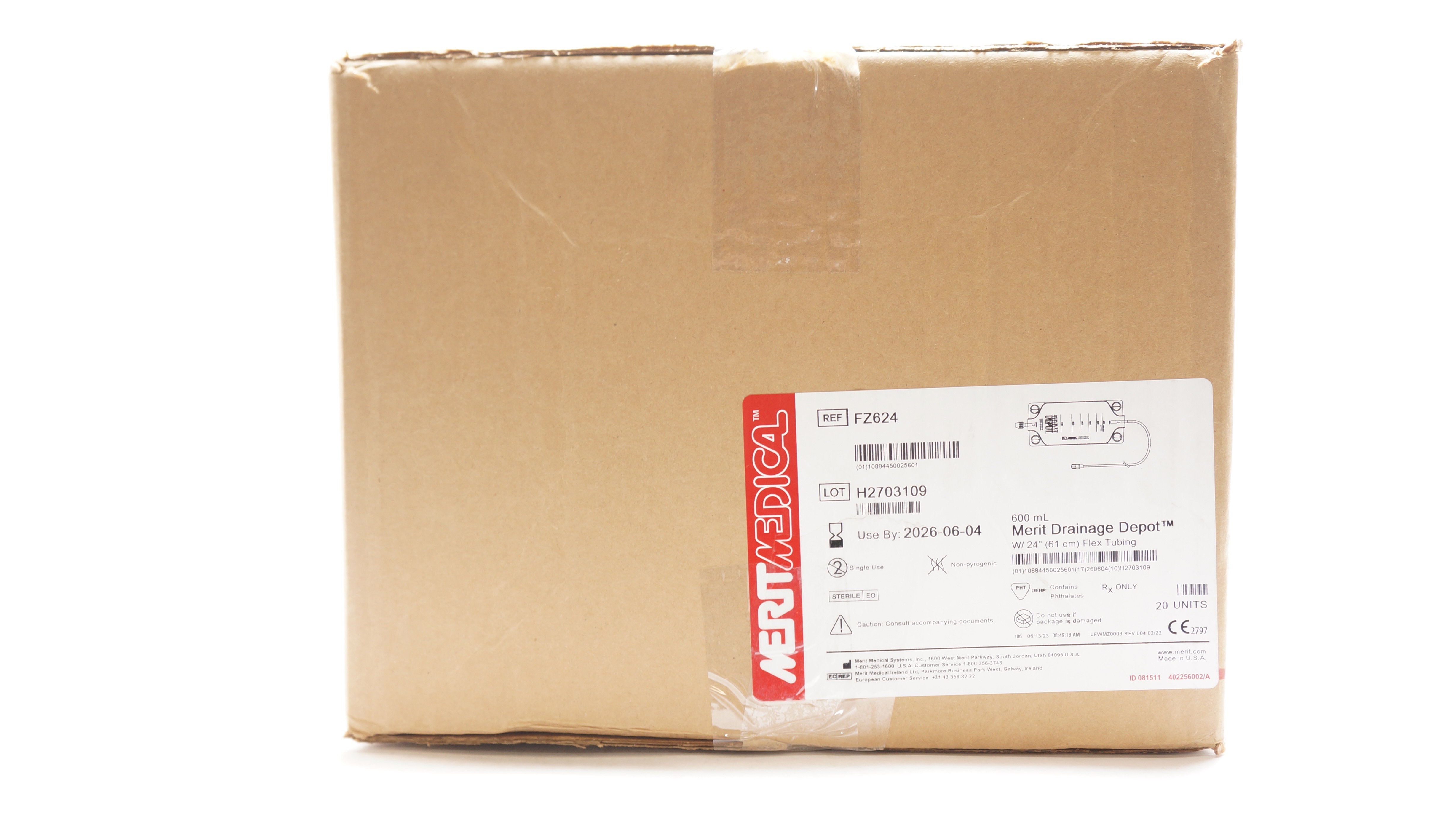 Merit Medical FZ624 Drainage Depot 600ml with 24inch Flex Tubing - Case o 20