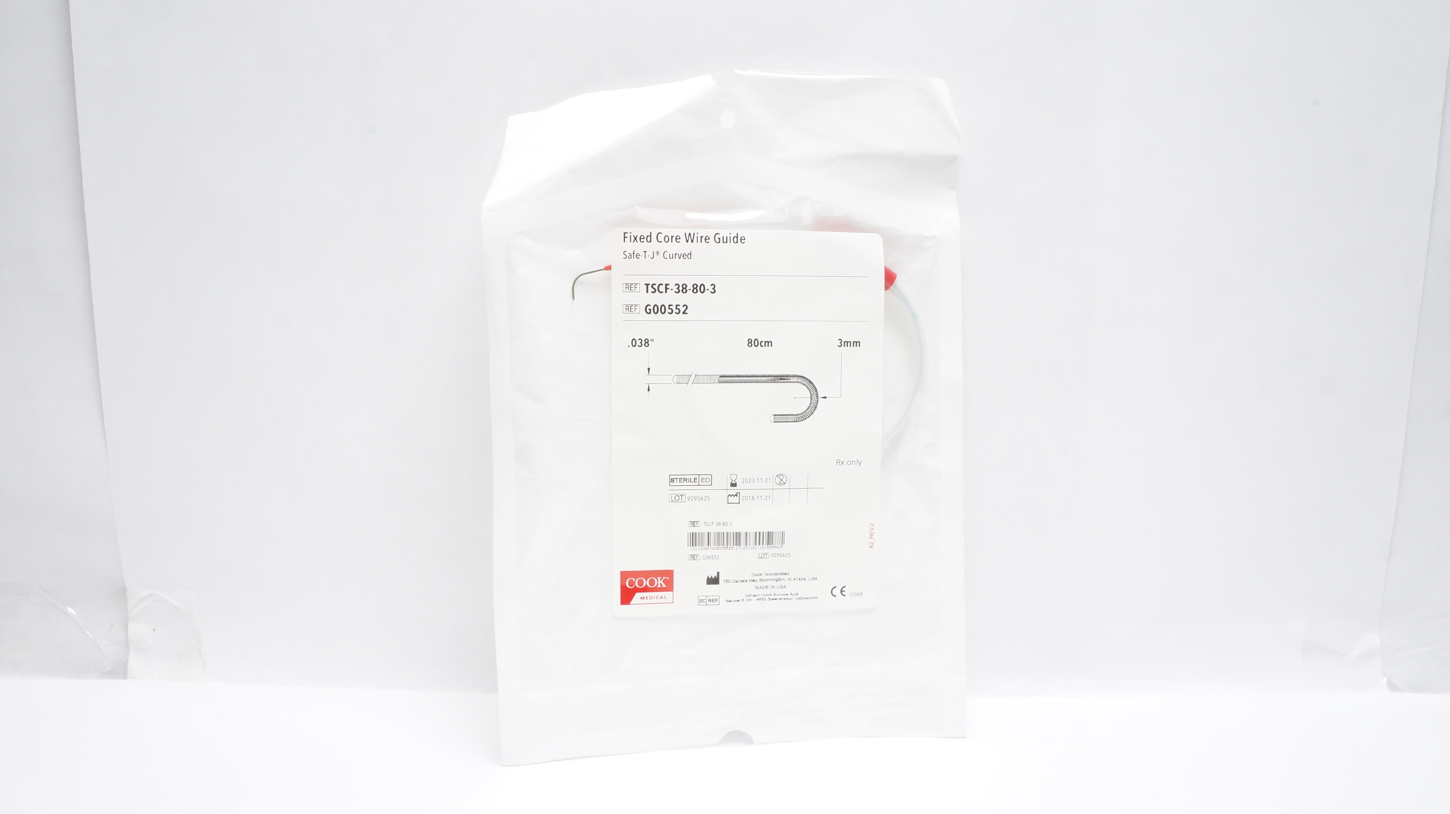 Cook Medical G00552 Fixed Core Wire Guide Safe-T-J Cirved .038inch x 80cm (x)