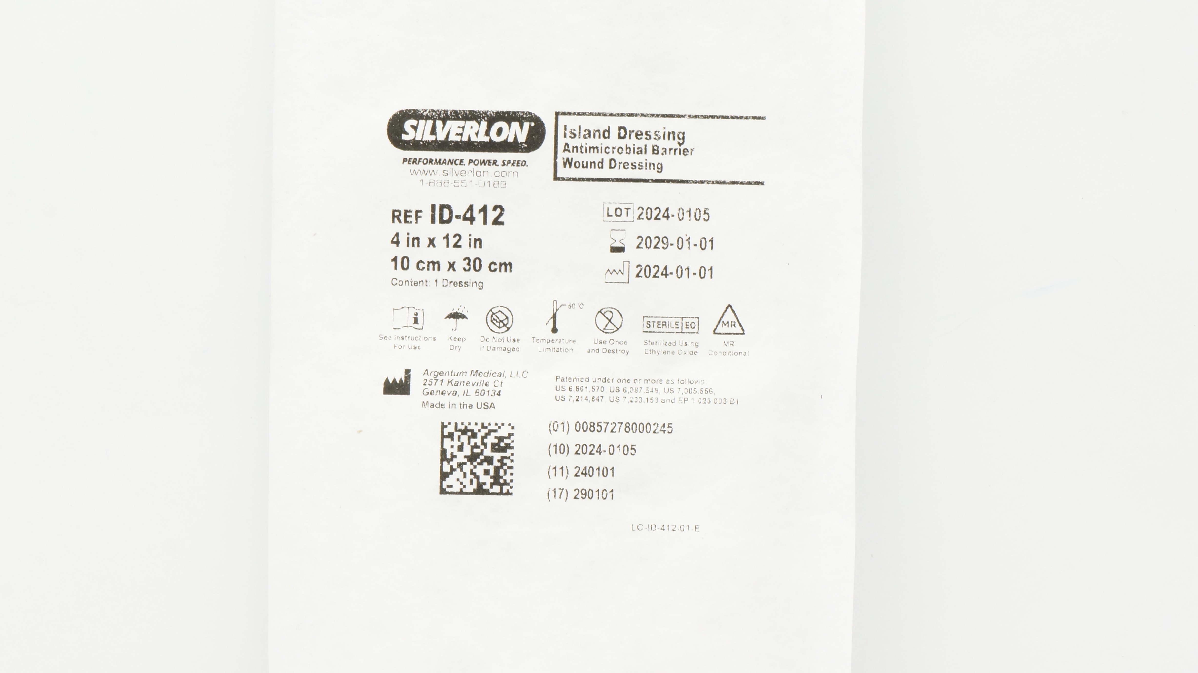 Argentum Medical ID-412 Silverlon Antimicrobial Wound Dressing 4inch x 12inch