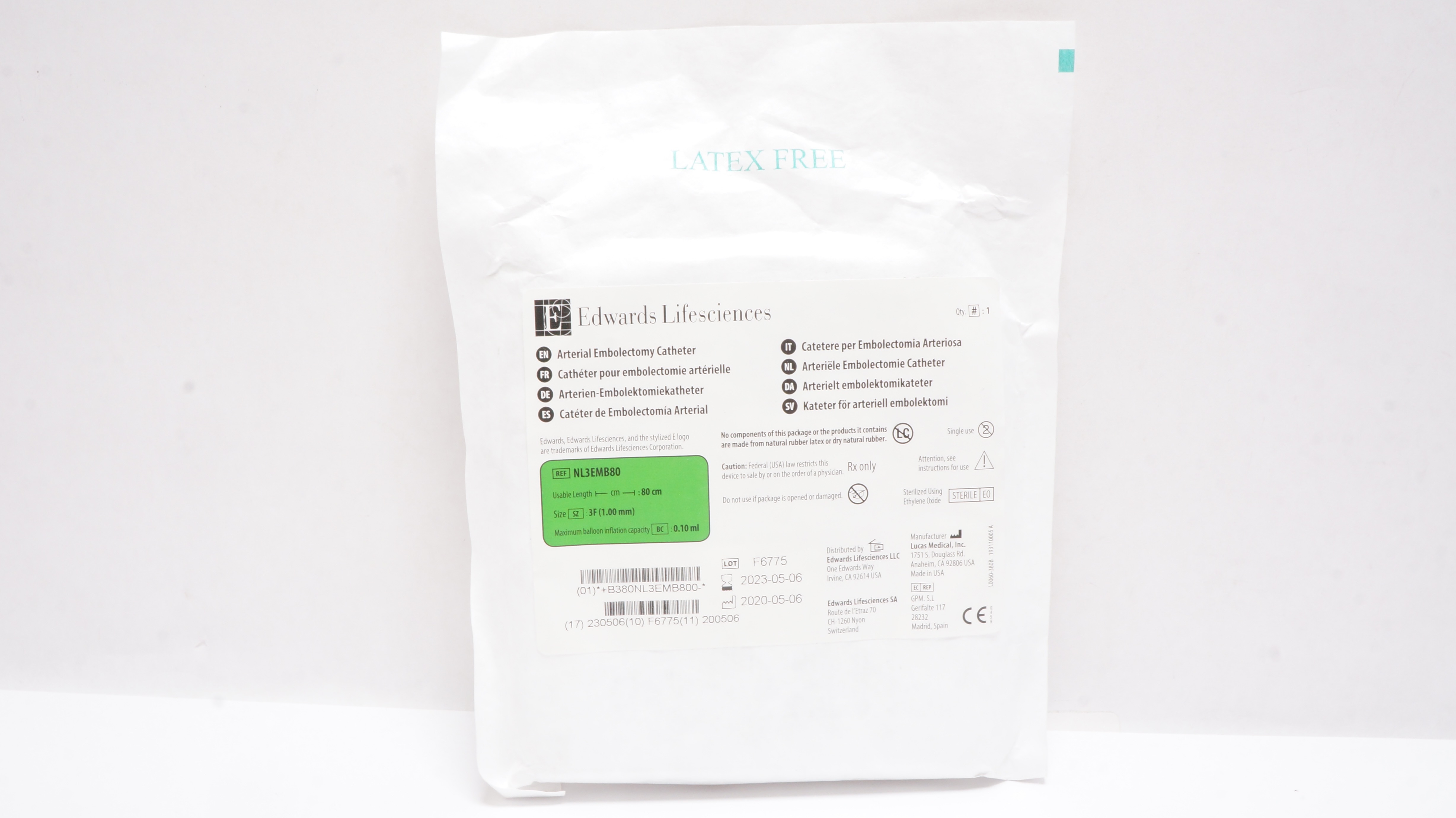Edwards Lifesciencies NL3EMB80 Arterial Embolectomy Cath. 80cm x 3F,0.10mL (x)