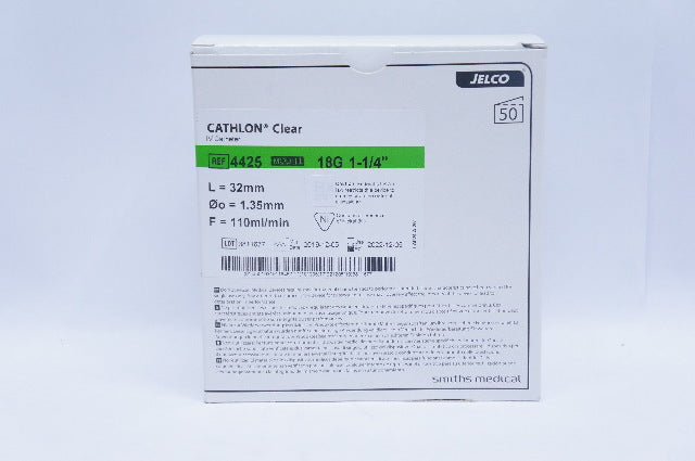 Smiths Medical 4425 Jelco Cathlon Clear IV Cath MOD 11 18G 1-1/4inch - Box of 50