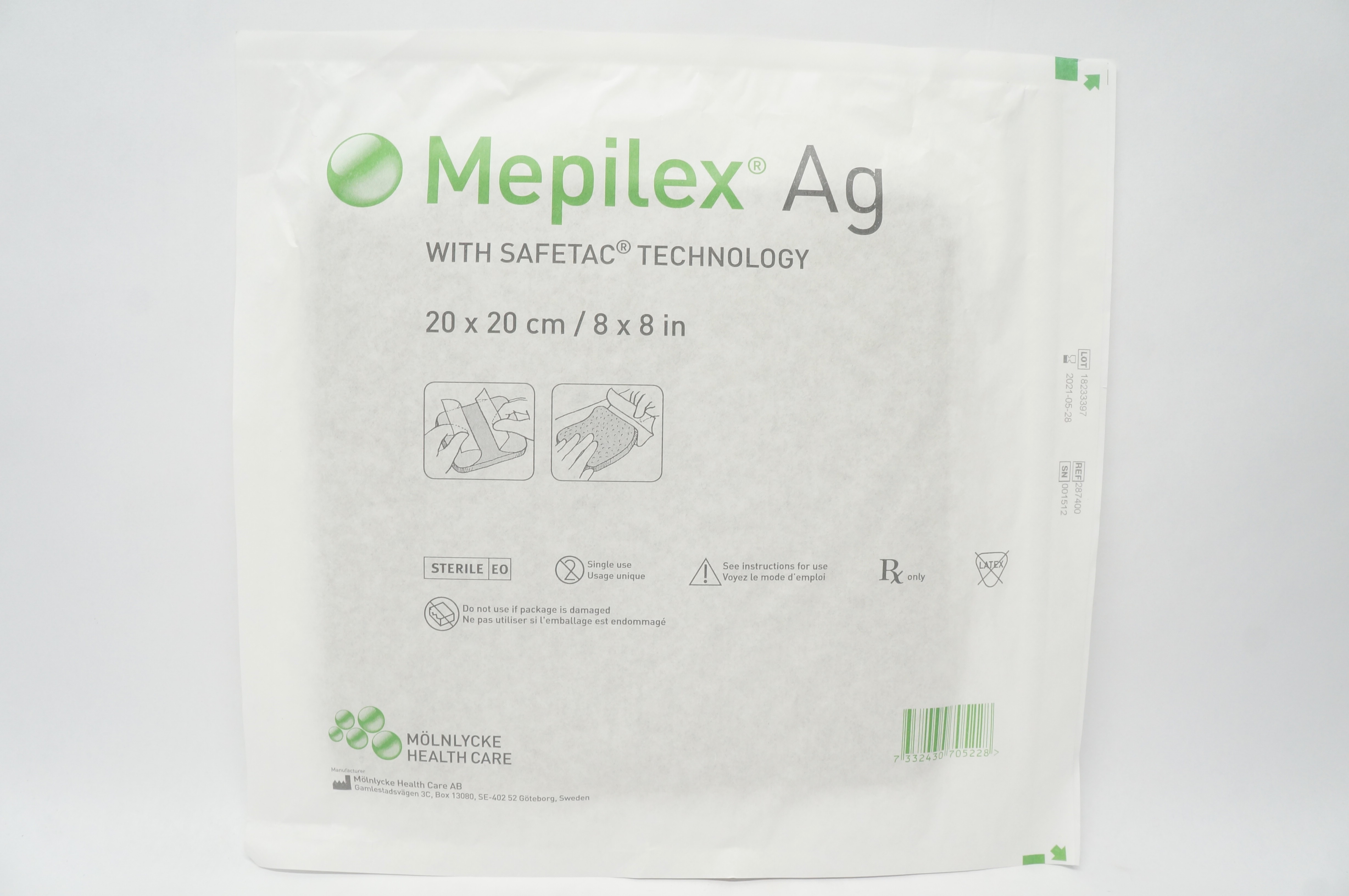Mölnlycke 287400 Mepilex Ag W/ Safetac Technology 8 x 8in (x)