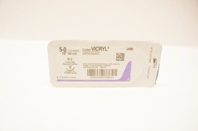 Ethicon J490 5-0 Coated VICRYL, P-1, 11mm 3/8c Reverse Cutting, 18inch
